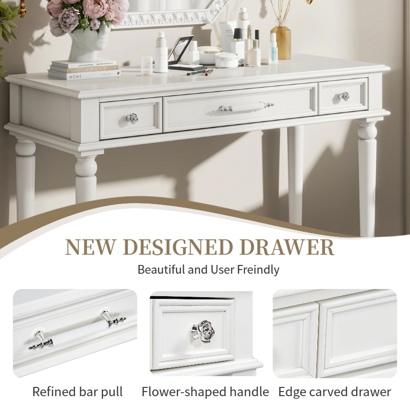 Retro Makeup Desk with Large Mirror, 3-Drawer Dressing Table for Jewelry Storage, Elegant Console Table for Bedroom, Living Room, Hallway & Foyer,White