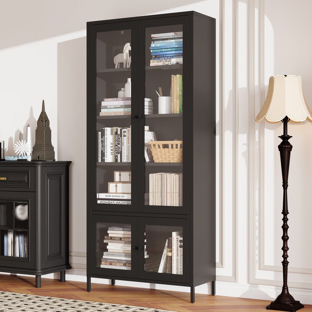Large Metal Storage Cabinet Display Cabinet with 4 Glass Doors 5 Shelves Side Cabinet Bookcase Freestanding Cabinet for Bedroom Living Room Pantry Home Office - Black, Reinforced Tempered Glass