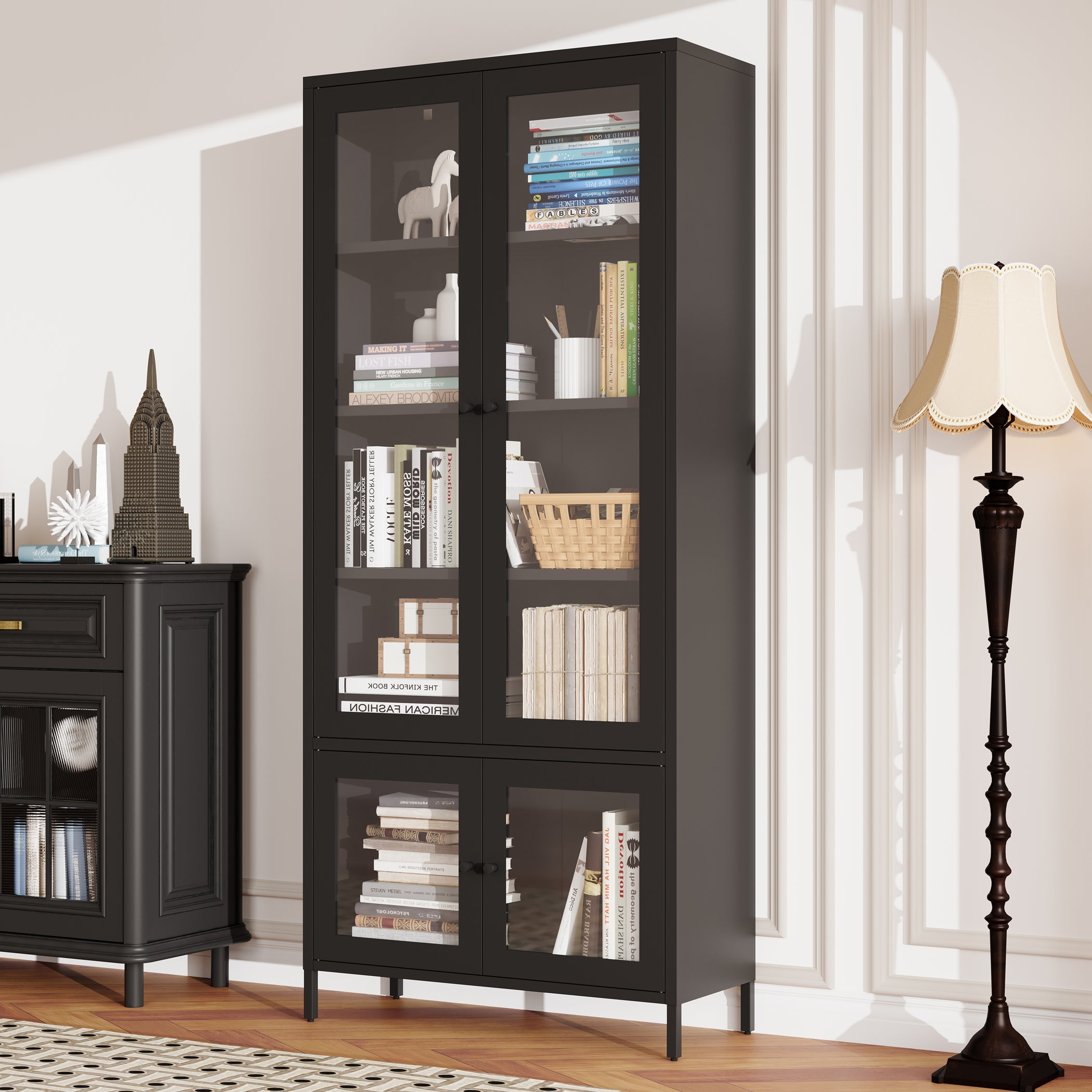 Large Metal Storage Cabinet Display Cabinet with 4 Glass Doors 5 Shelves Side Cabinet Bookcase Freestanding Cabinet for Bedroom Living Room Pantry Home Office - Black, Reinforced Tempered Glass