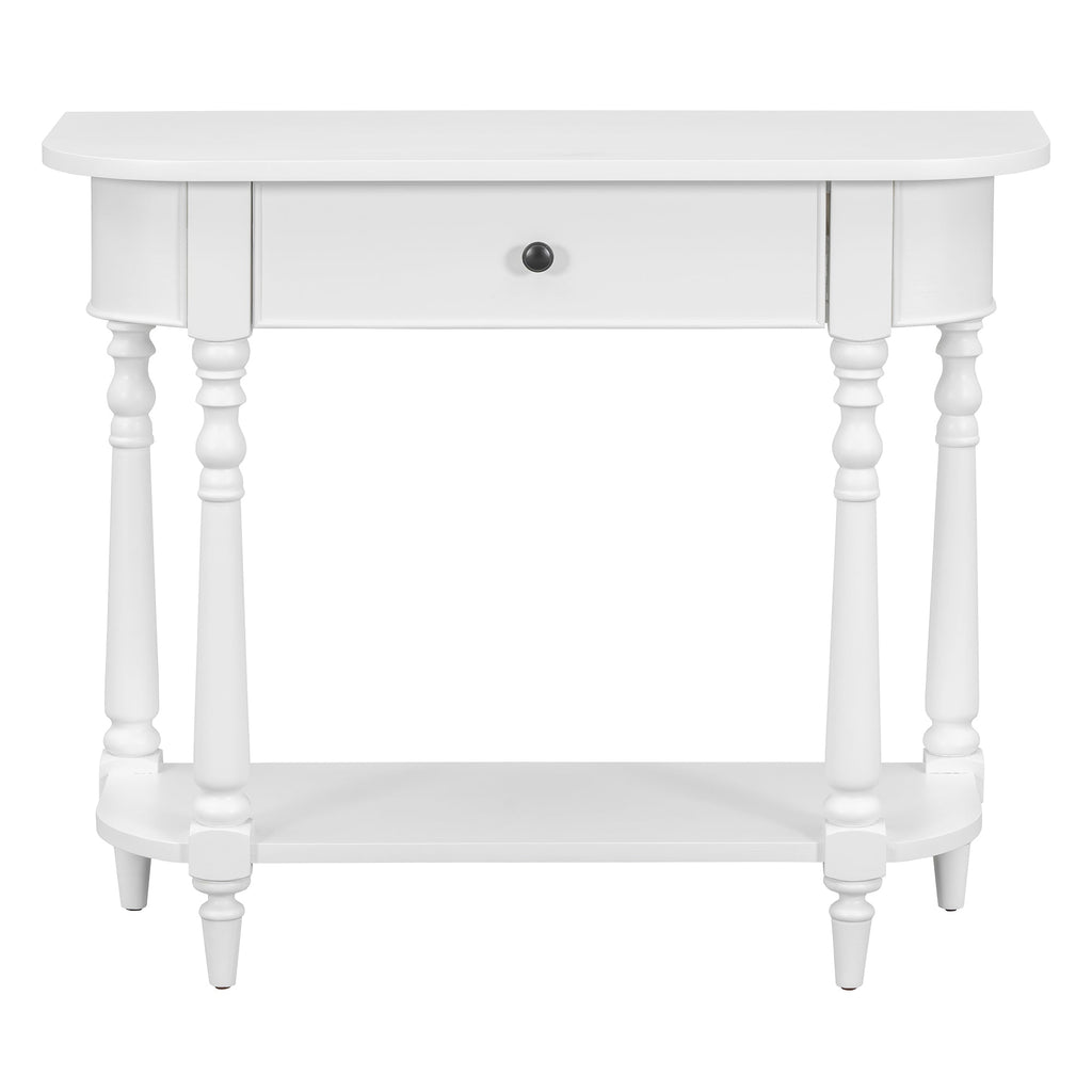 TREXM Narrow Console Table with Curved Corner, Retro Entryway Table with Top Drawer and Open Shelf, Sofa Table Console Tables for Entryway, Hallway and Living Room (White)