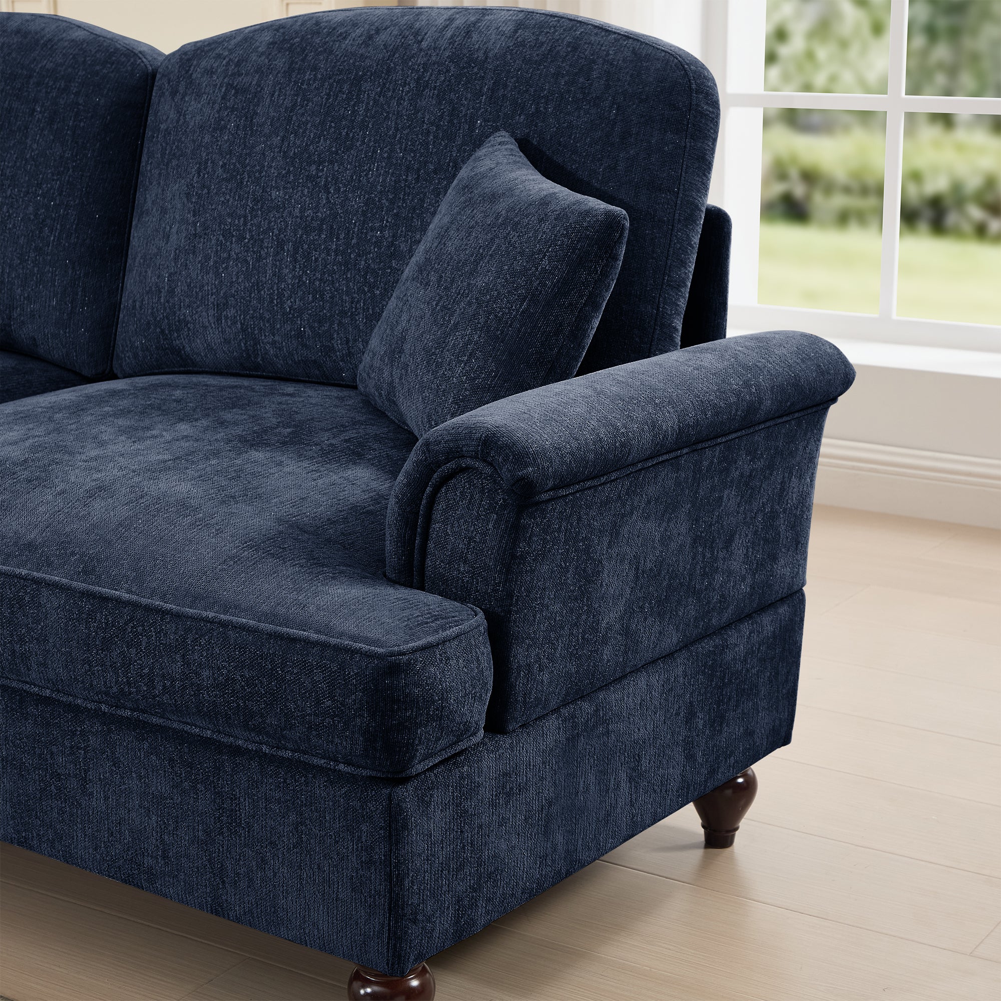 Mid Century Three Seater Modular L Shaped Sectional Couch with Flared Arms and Removable Ruffles Pleats Skirts and Spindle Legs, Comfy Chenille 3-Seat Deep Seat Sofa with Movable Ottoman,Blue
