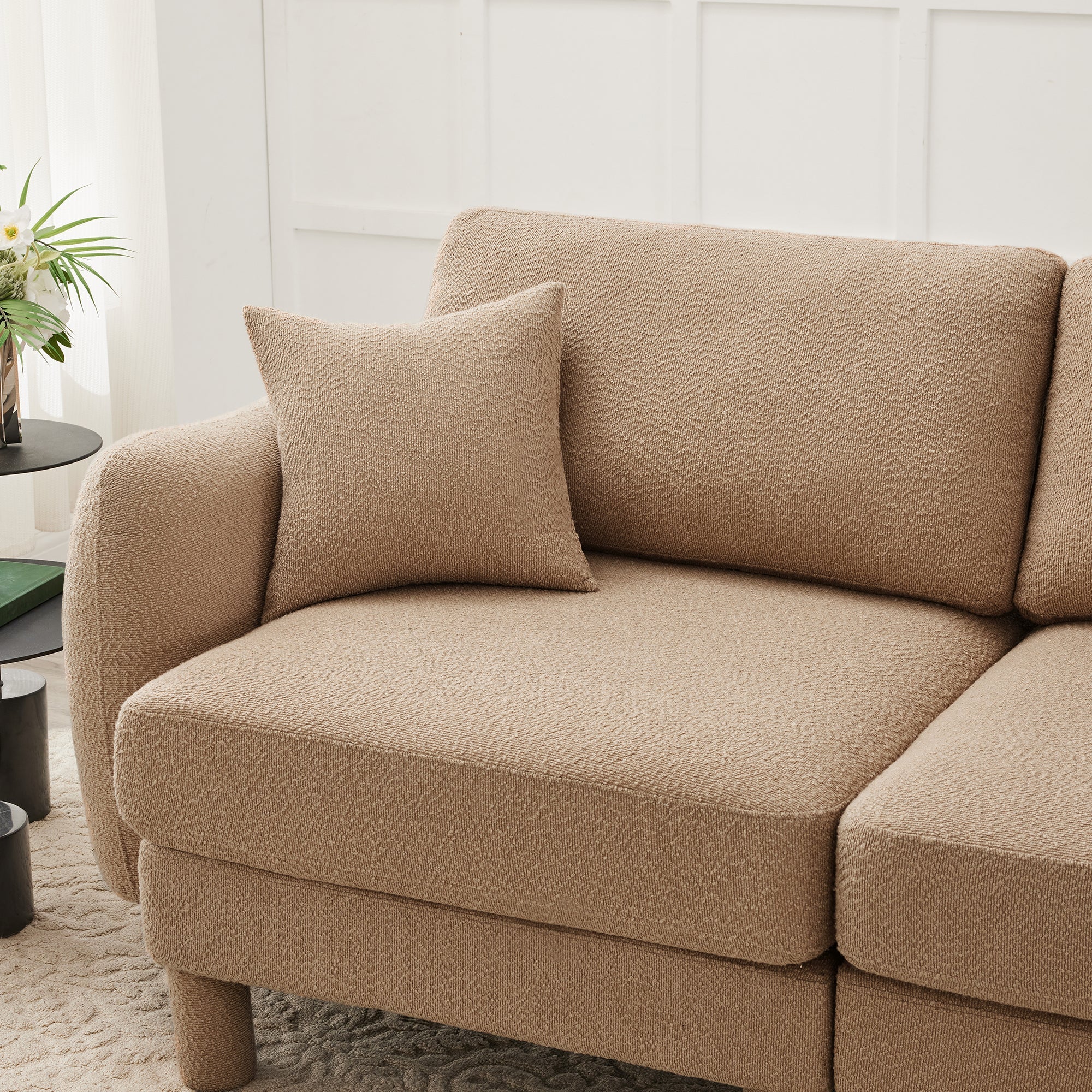 Boucle Fabric U Shape Sectional 4-seater Sofa Couch With Distinctive Shell-shaped Armrests And 2 Movable Ottomans,Cylindrical Legs Wrapped with Self-fabric,Coffee Color