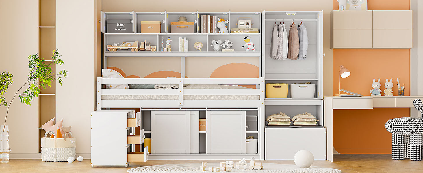 Twin Size Wooden Loft Bed Big Storage with Under-bed Desk, with Drawers, with Shelves, White