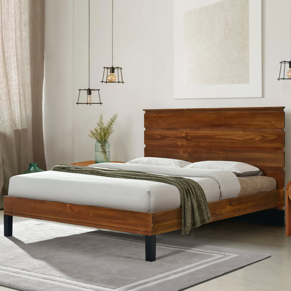 Mid-Century Modern Solid Wood Bed Frame Full Size Platform Bed with Six-Piece Headboard Design, No Box Spring Needed, Brown