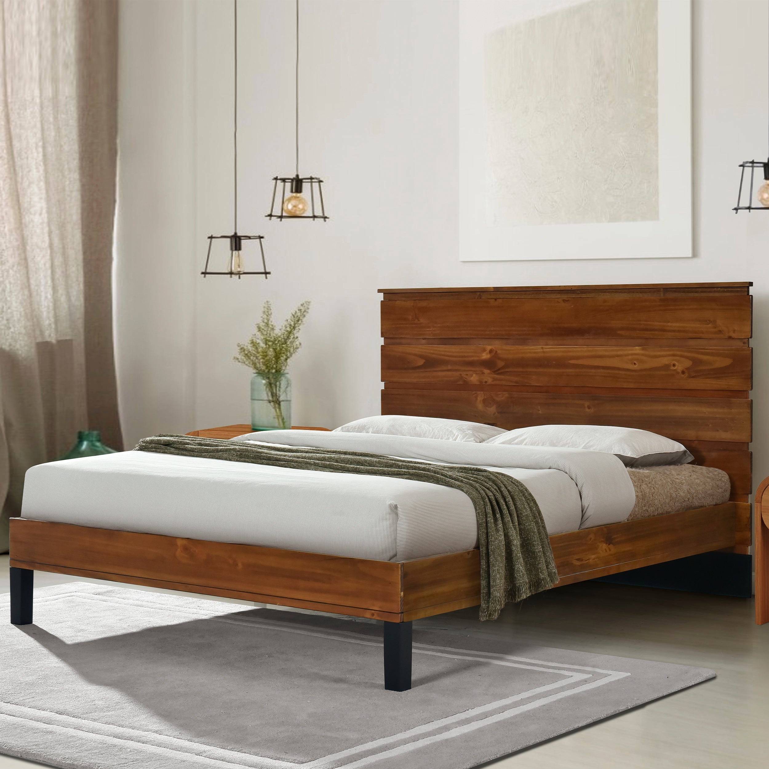 Mid-Century Modern Solid Wood Bed Frame Full Size Platform Bed with Six-Piece Headboard Design, No Box Spring Needed, Brown