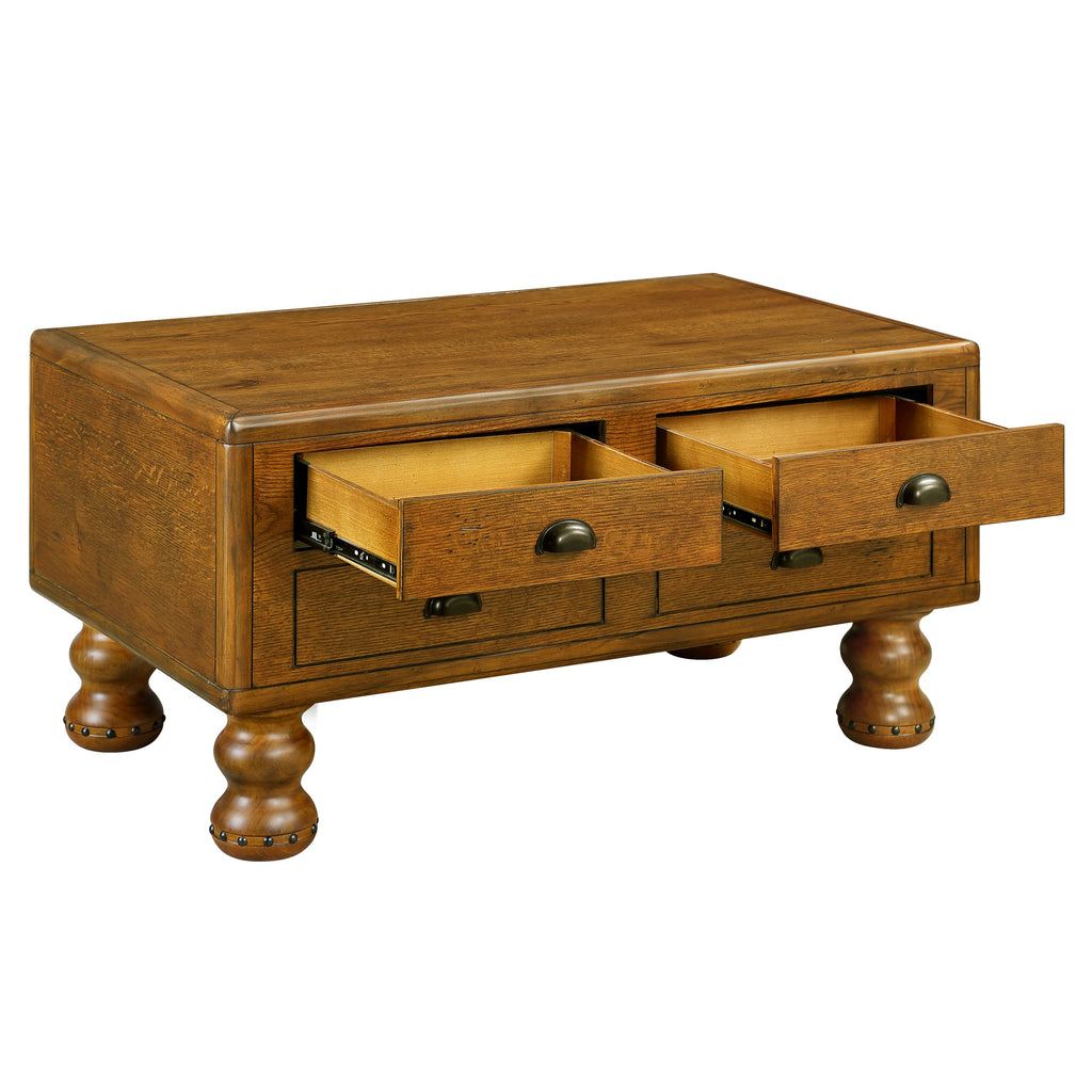 Solid Wood Rectangle Coffee Table for Living Room, 40-Inch Antique Coffee Table with 4 Drawers, Wood Center Table Tea Table with Rivet Decoration Legs.Easy Assembly,  Antique Brown