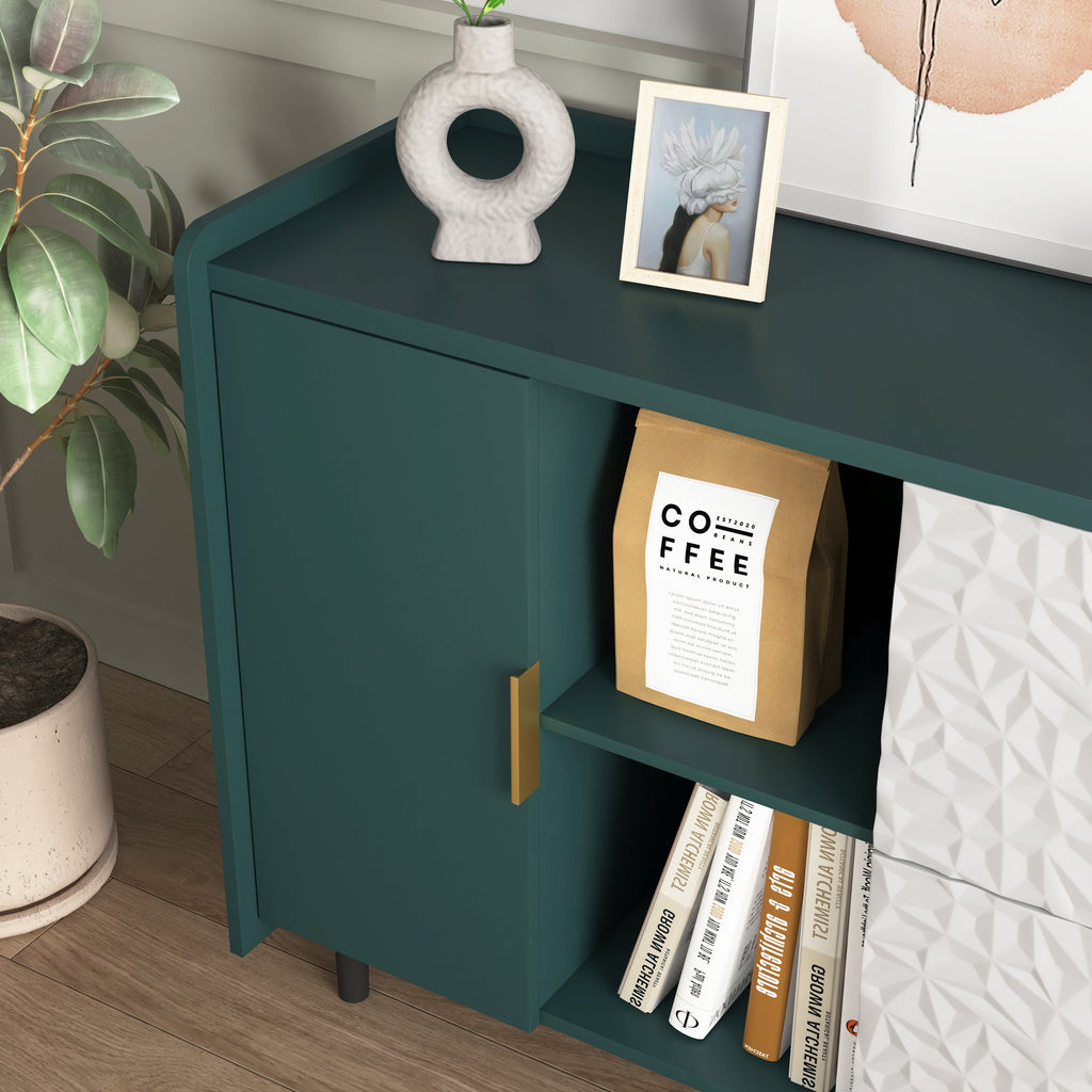 Modern Kitchen Pantry Storage Cabinet , 55" Coffee Bar Storage Cabinet with 2 Drawers, 2 Open Storage Compartment & 2 Glass Doors, Wood Buffet Table for Kitchen, Living Room, Green