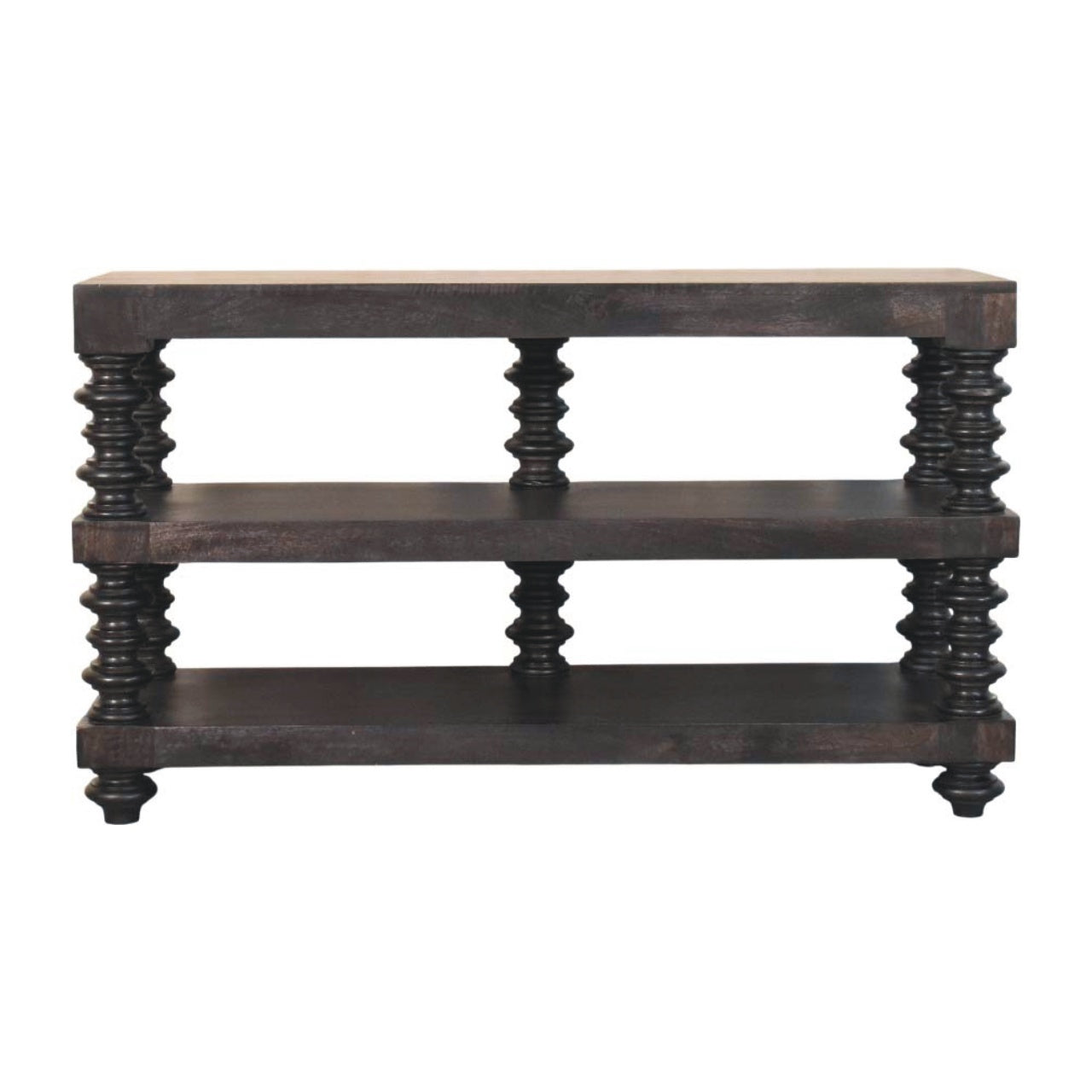 Solid Wood Spindle Shelf Console in Carbon Ash, Black with storage