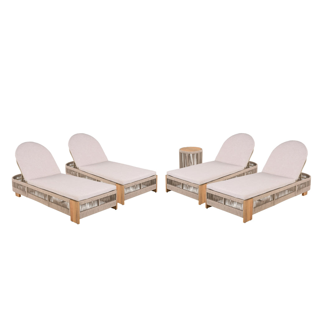 Outdoor Rope Chaise Lounge Set of 5, Patio Lounge Chairs, Outside Poolside Lounge Furniture, Teak look wood Side Table and Beige Cushions, Chaise Lounge with Adjustable Backrest( Beige rope)