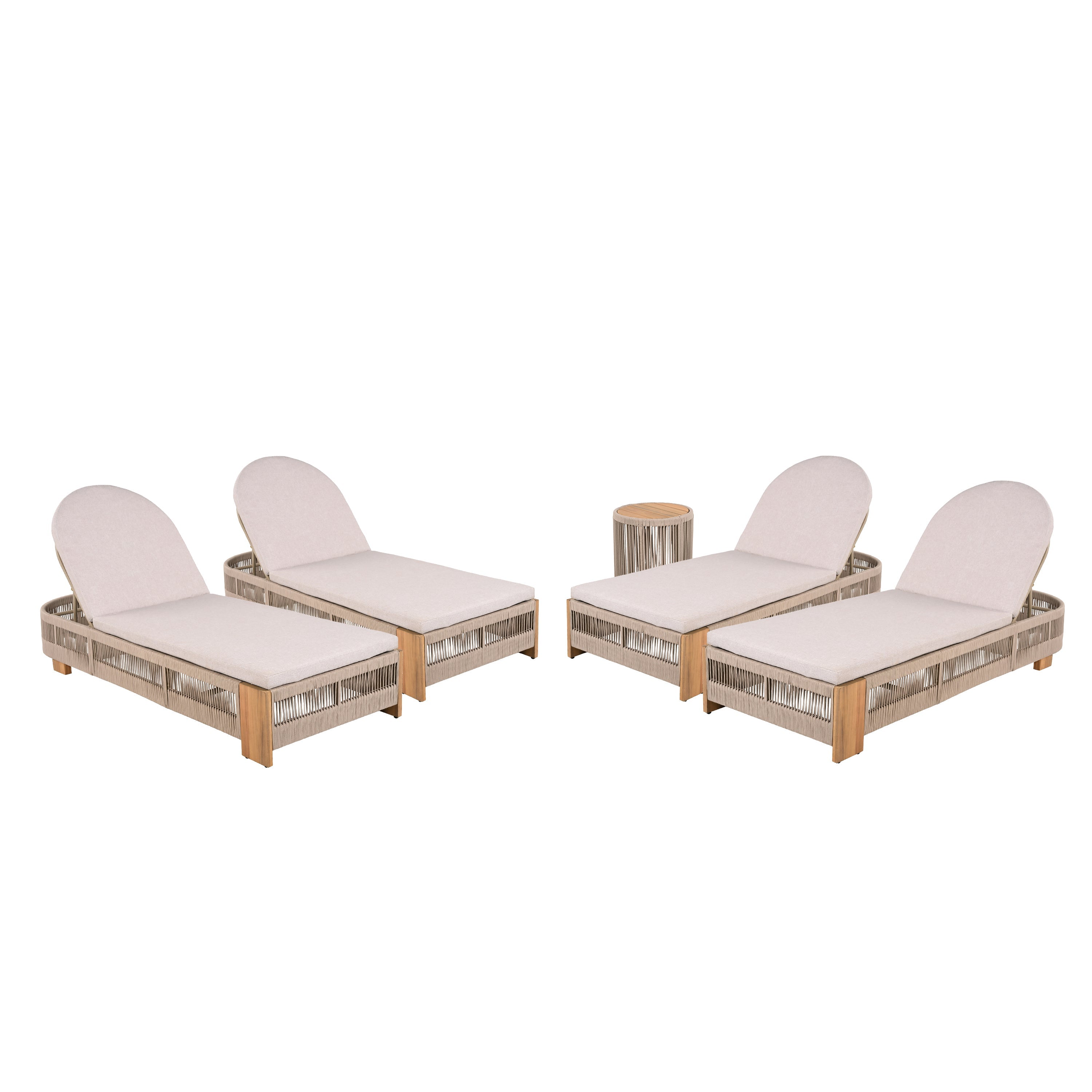Outdoor Rope Chaise Lounge Set of 5, Patio Lounge Chairs, Outside Poolside Lounge Furniture, Teak look wood Side Table and Beige Cushions, Chaise Lounge with Adjustable Backrest( Beige rope)