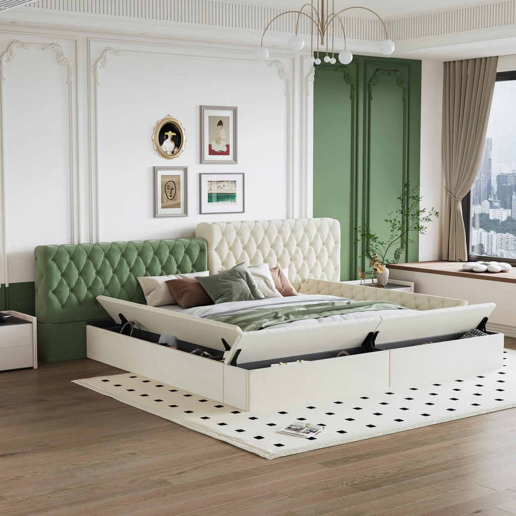 Contemporary Special-shaped Fully Upholstered Bed with Deep Button Tufting and Storage Compartments in Rails and Footboard,No Box Spring Needed,King,Beige