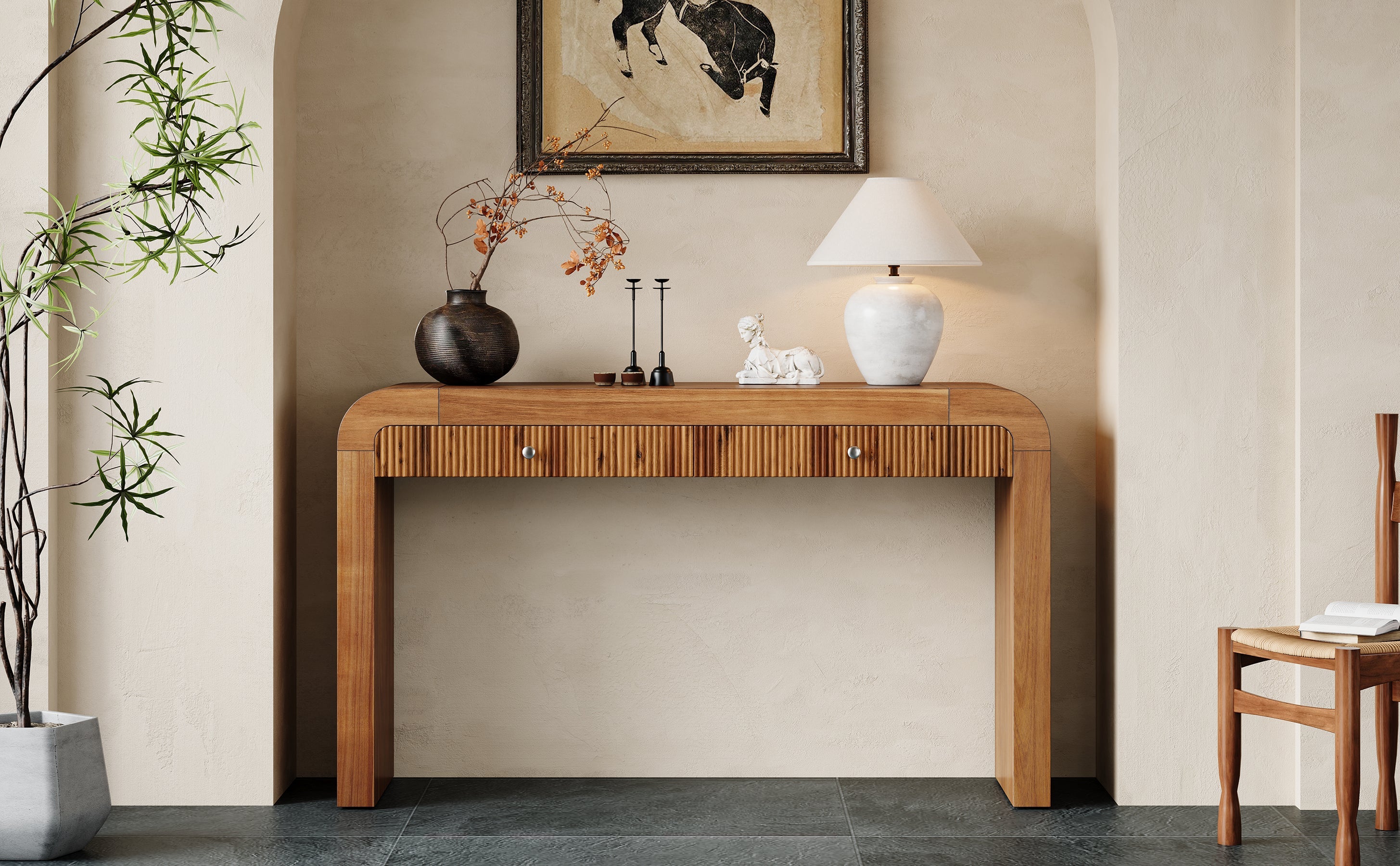 TREXM Rustic Console Table with Fluted Drawer Front, Entryway Table with Curved Corners & Thick Legs, Sturdy Sofa Table for Hallway & Living Room (Brown)