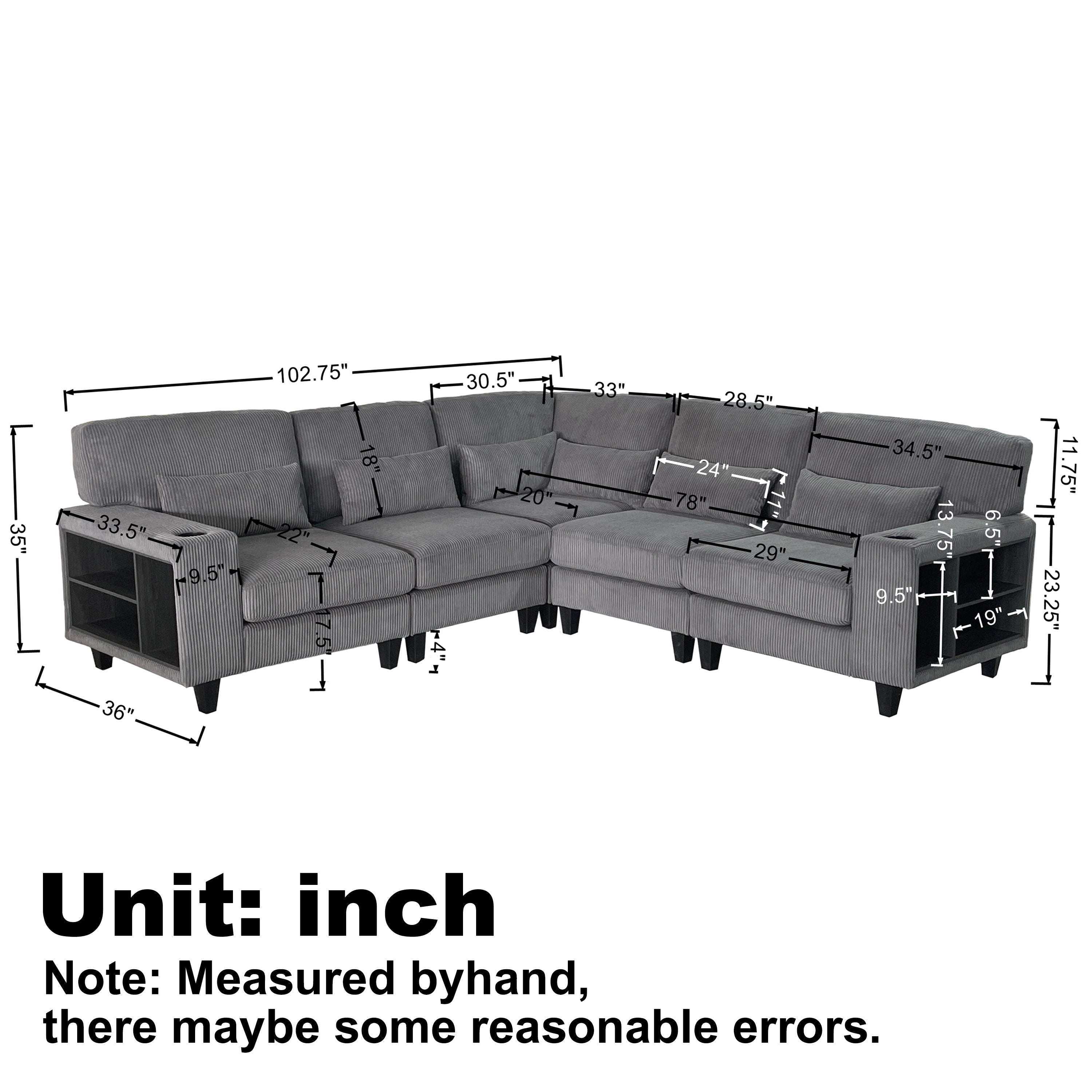 102.75*102.75' L-Shaped Modular Sectional Sofa, Modern Corduroy Sectional Sofa, Arm with Storage With Cup Holder 5-Seat Convertible Sectional Sofa for Living Room, Bedroom, Lounge and Projection Room