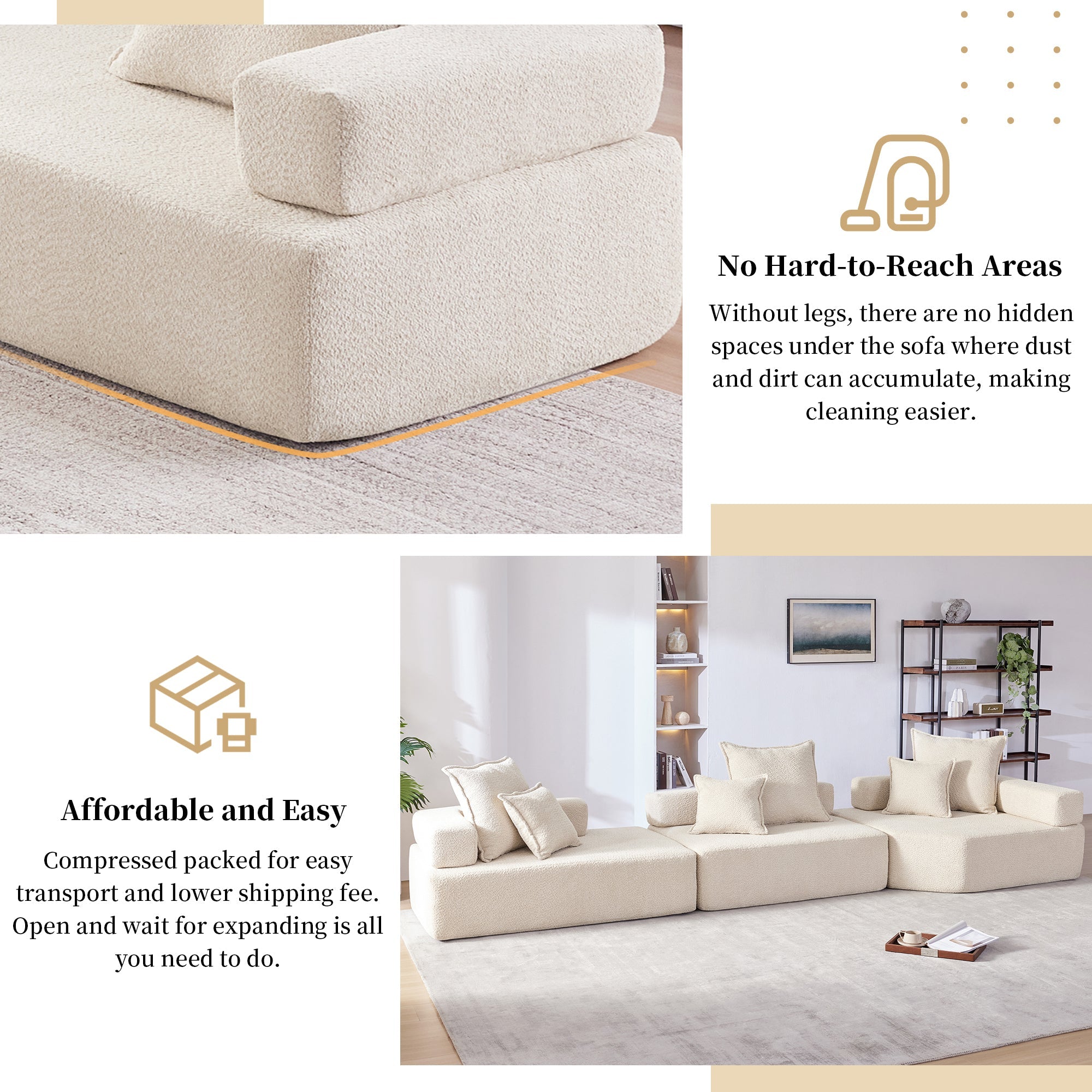 Oversized Modular Sectional Sofa,Luxury Boucle Floor Couch Set,Convertible Compressed Couch,Spacious Foam-Filled Sofa for Living Room,3 PC Free Combination,2 Colors
