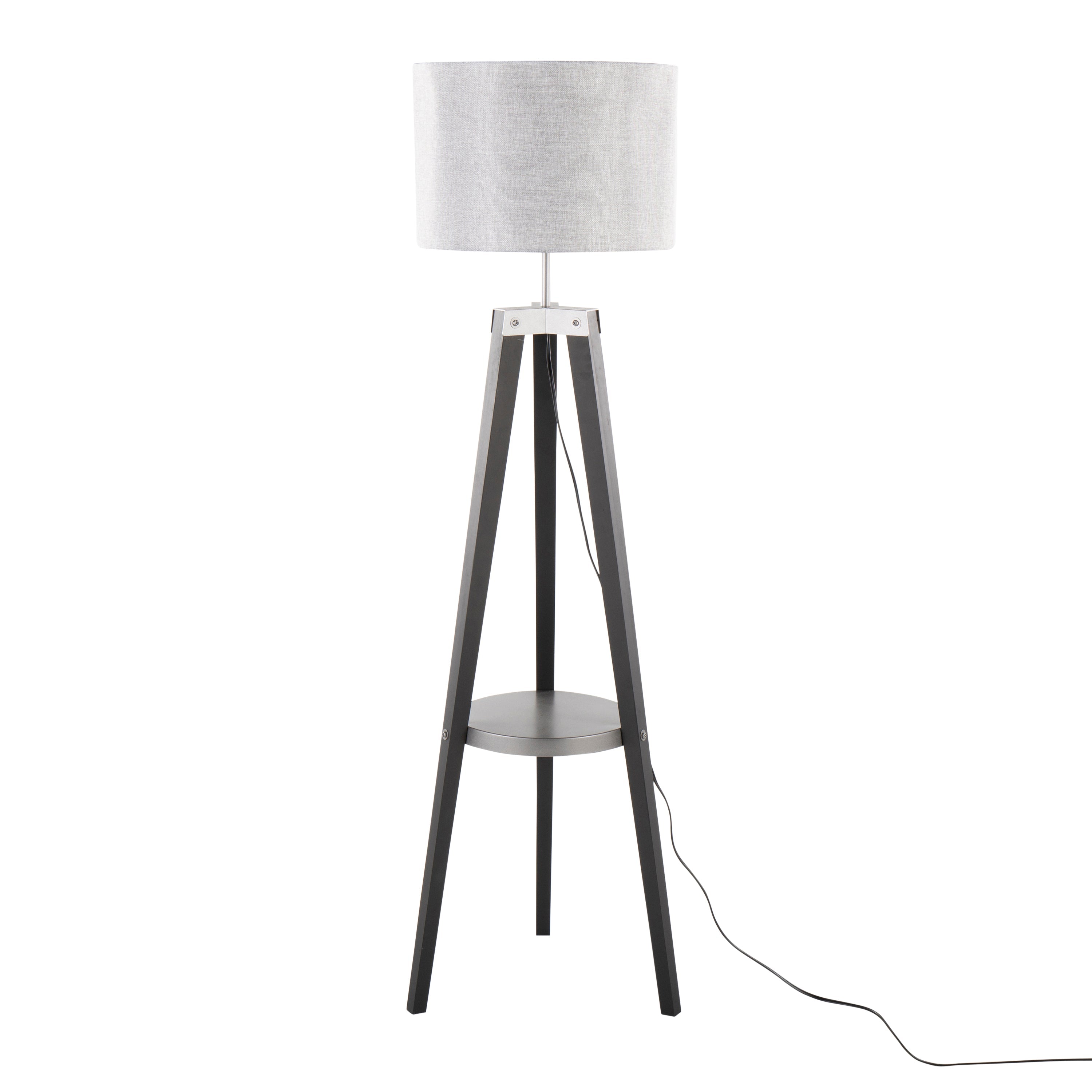 Compass Mid-Century Modern Floor Lamp with Shelf in Black Wood, Silver Metal and Grey Linen by LumiSource
