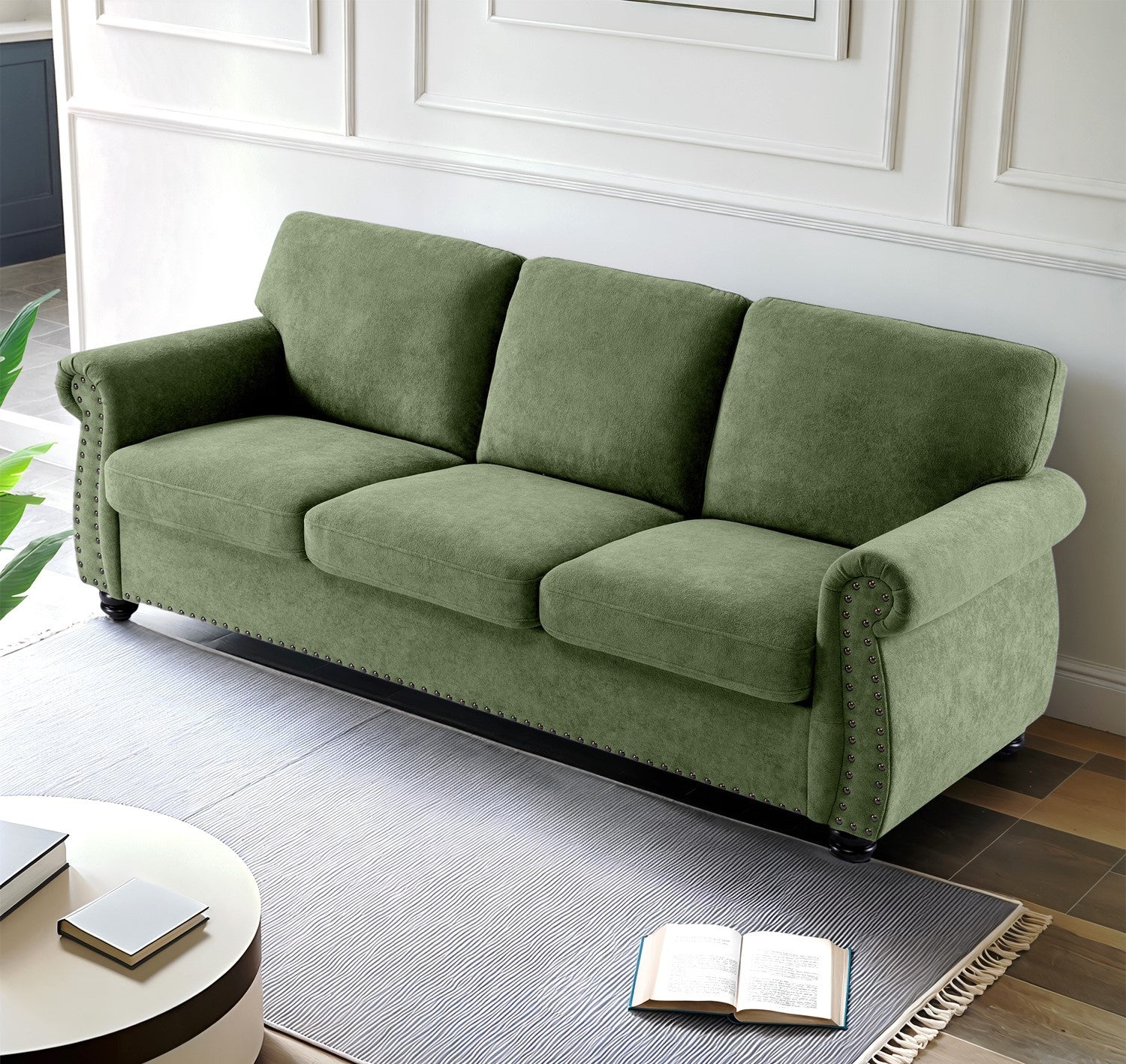 Soft Velvet Sofa, Upholstered 3 Seater Couch with High-Density Foam, Loose Back Cushions and Solid Wood Turned Legs, Chic Living Room Furniture for Home, Apartment and Office, Green