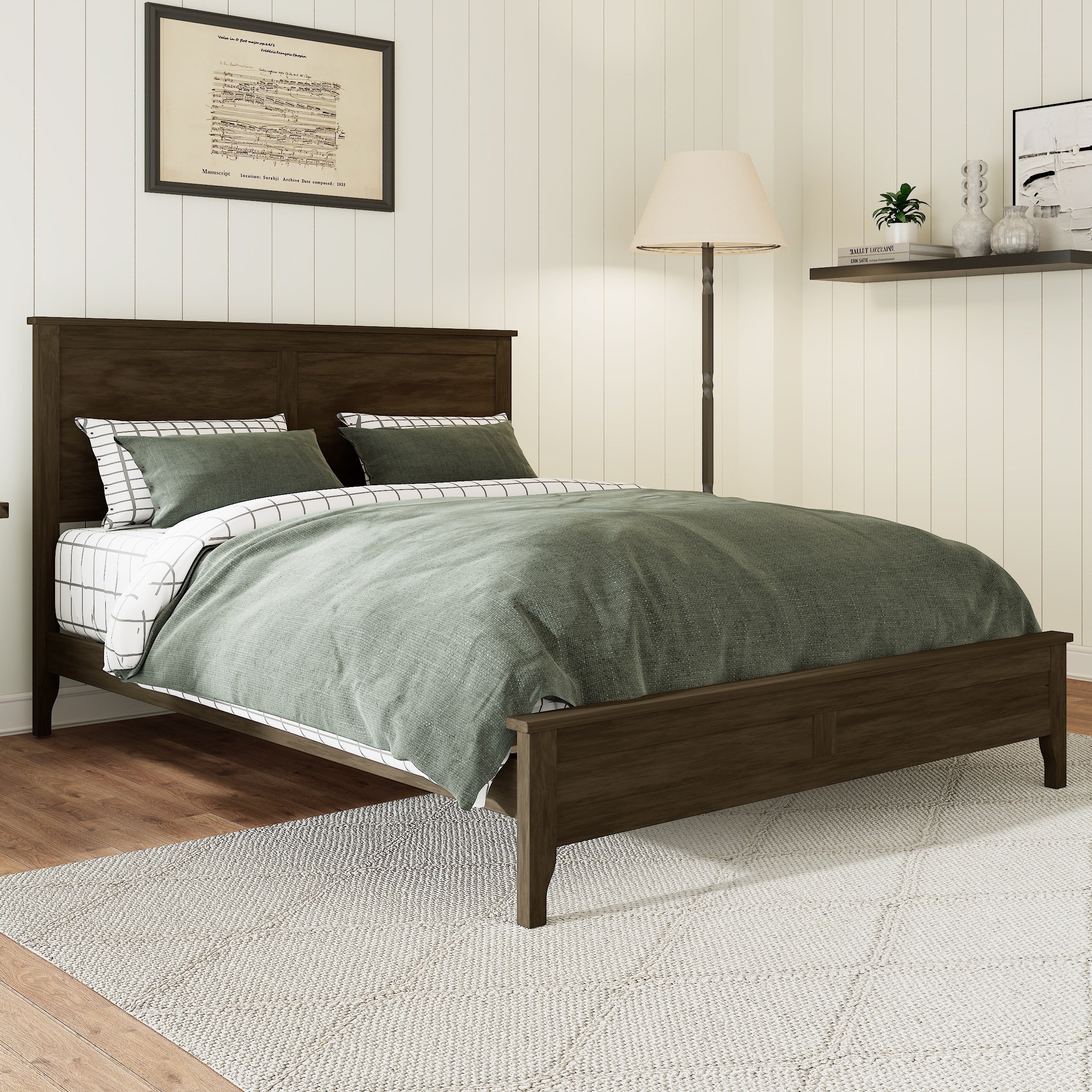 Modern Espresso Solid Wood Full Size Platform Bed with Sturdy Wooden Slats Support