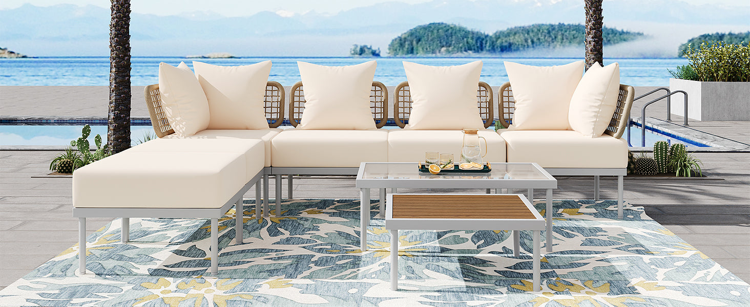 TREXM 8-Piece Patio Sectional Sofa Set with Tempered Glass Coffee Table and Wooden Coffee Table for Outdoor Oasis, Garden, Patio and Poolside (Beige Cushion + White Steel)
