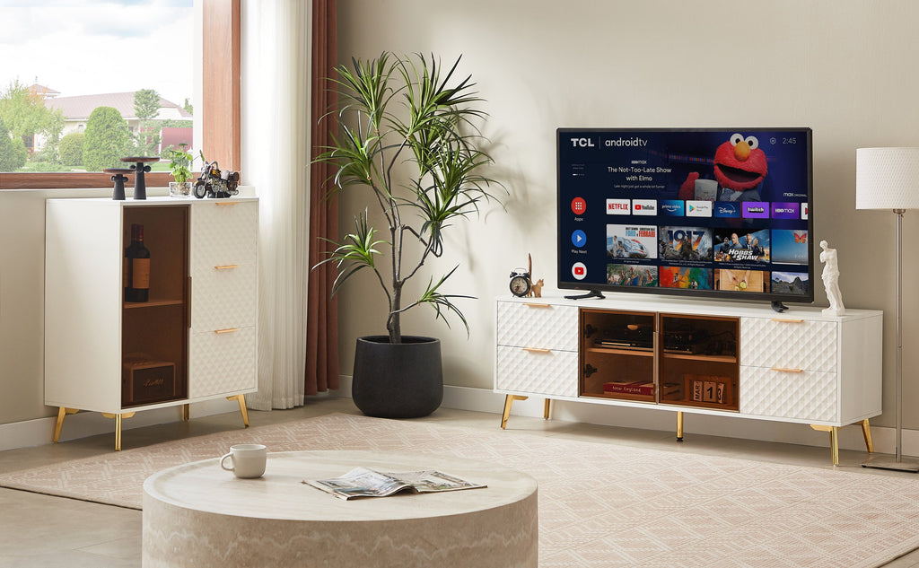 Deluxe Sculpted Modern Fashion Geometric Style TV Stand, Aluminum Frame Tempered Glass Door 4 Drawer Chest with Adjustable Metal Feet ,White,59.9'L x 15.7'W x 21.7'H