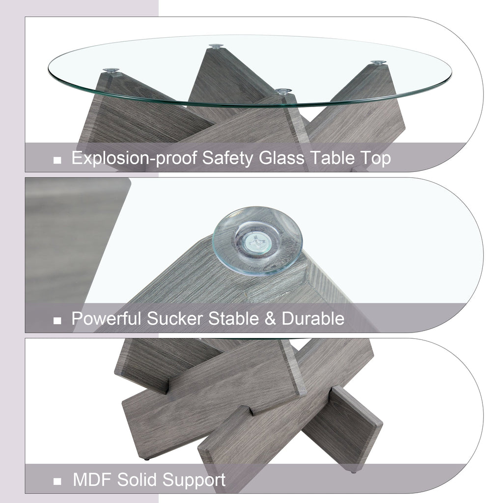 Round glass coffee table, 33.4" modern design unique coffee table. Tempered glass top with grey patterned MDF legs. Suitable for living and dining rooms