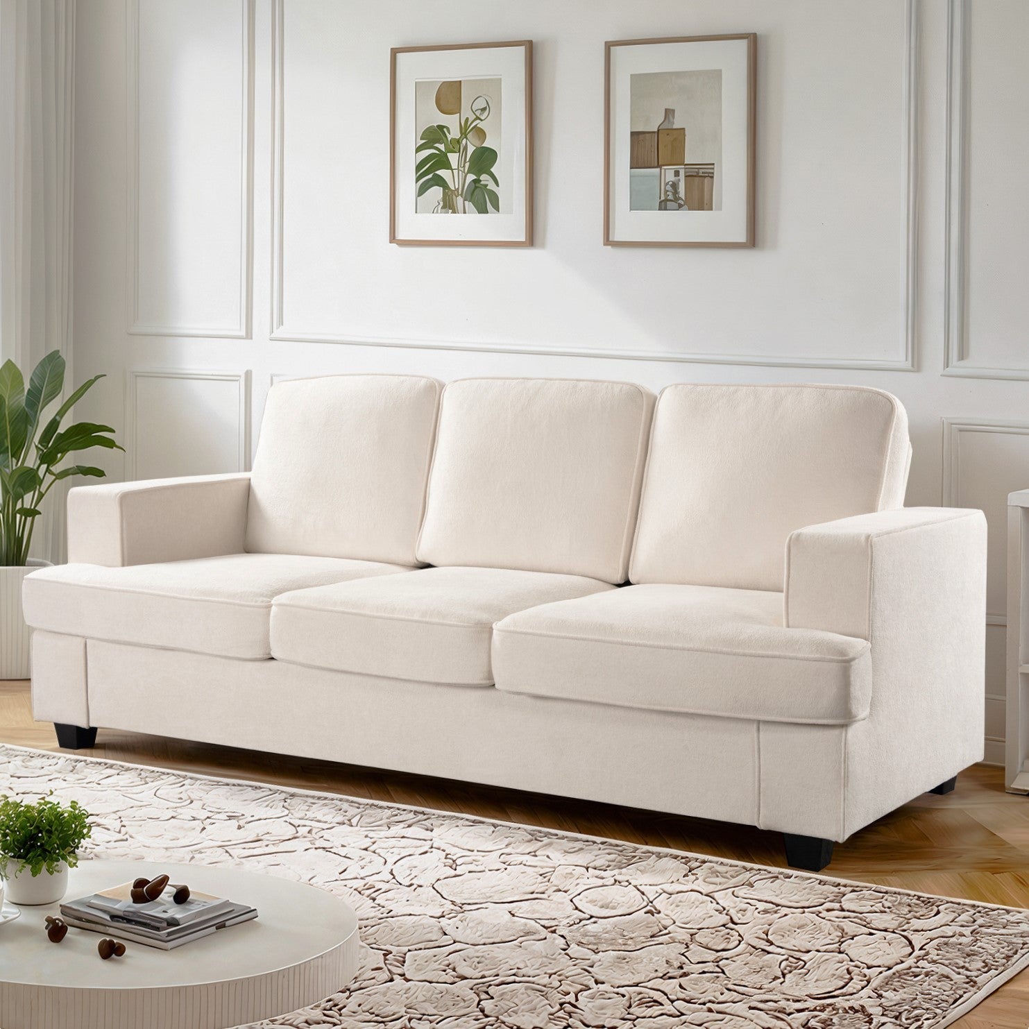 Modern Velvet Sofa, Comfortable 3 Seater Couch with Deep Seating and High-Density Foam, Loose Back Cushions, Wide Arms, Living Room Furniture for Home, Apartment, Office, Ivory