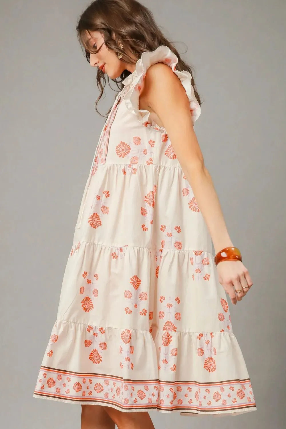 Umgee Printed Tie Neck Ruffle Cap Sleeve Dress