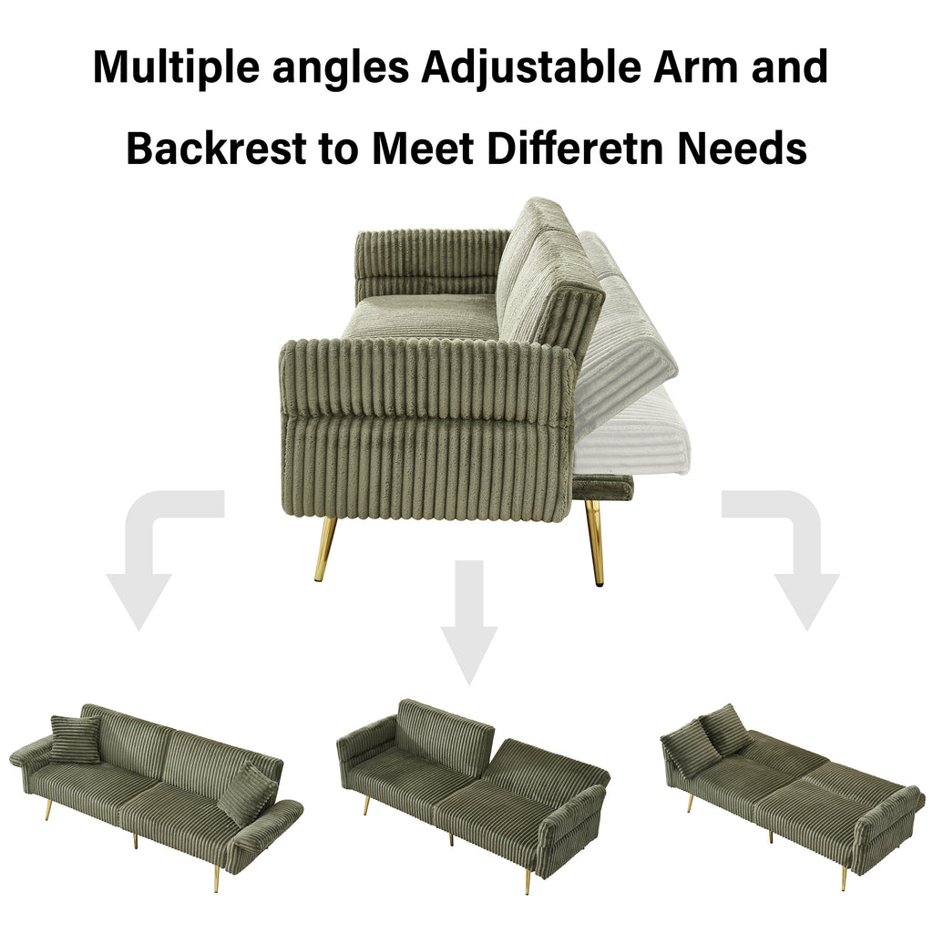 Modern Corduroy Sofa Bed, Foldable Double Sofa with Armrests, Green Velvet, 79 Inch