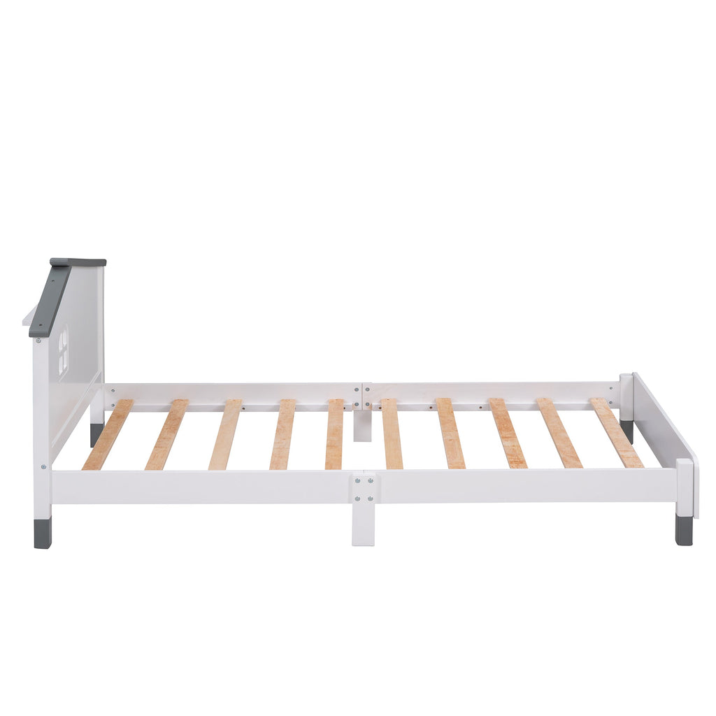 Twin Size Wood Platform Bed with House-shaped Headboard  (White+Gray)