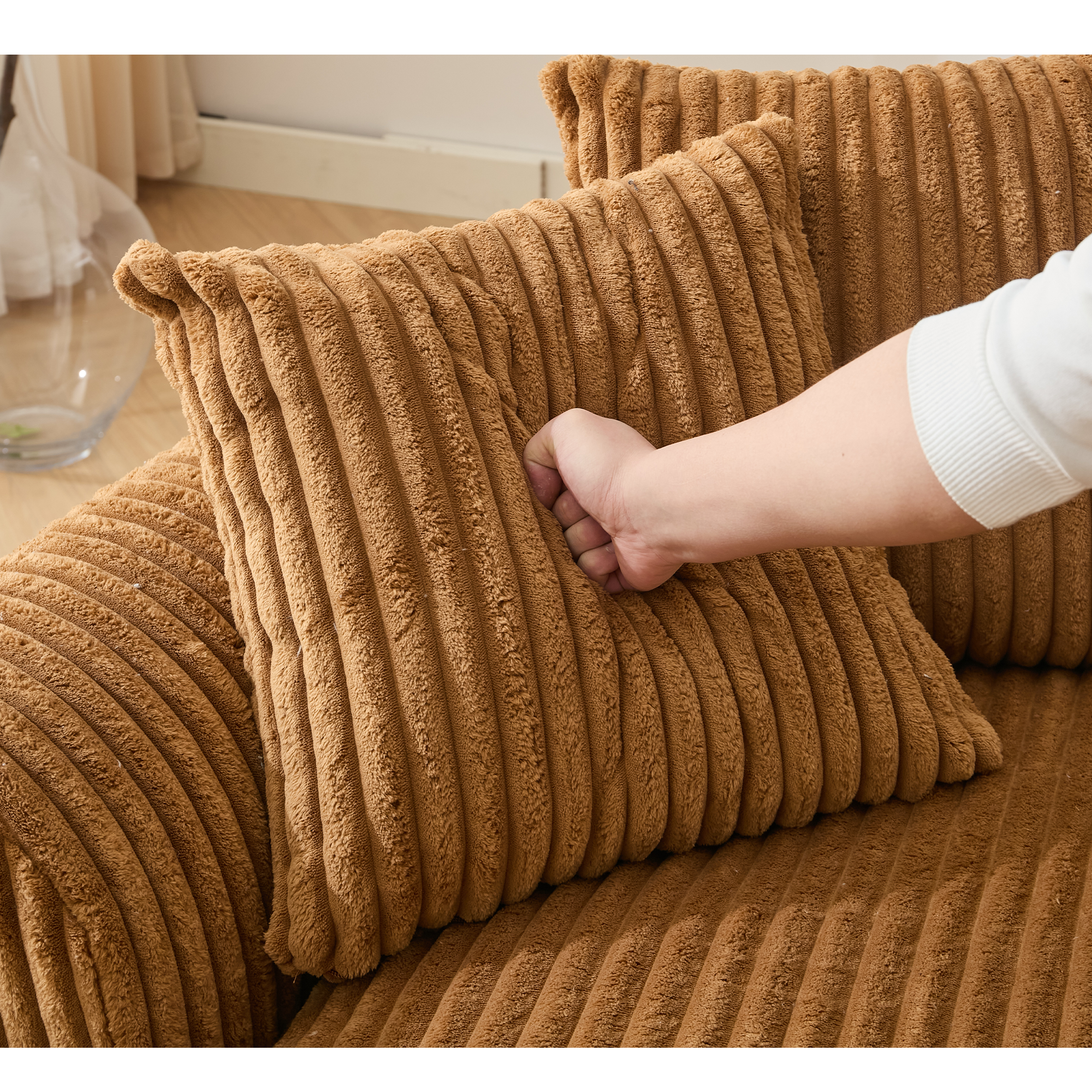 127''  Large Sectional Sofa ,Elegant Curved Design ,High-Resilience Foam ,Ten Back Cushions,L-Shape Left Sofa,No Assembly  Required , (Brown-Soft Corduroy Fabric)