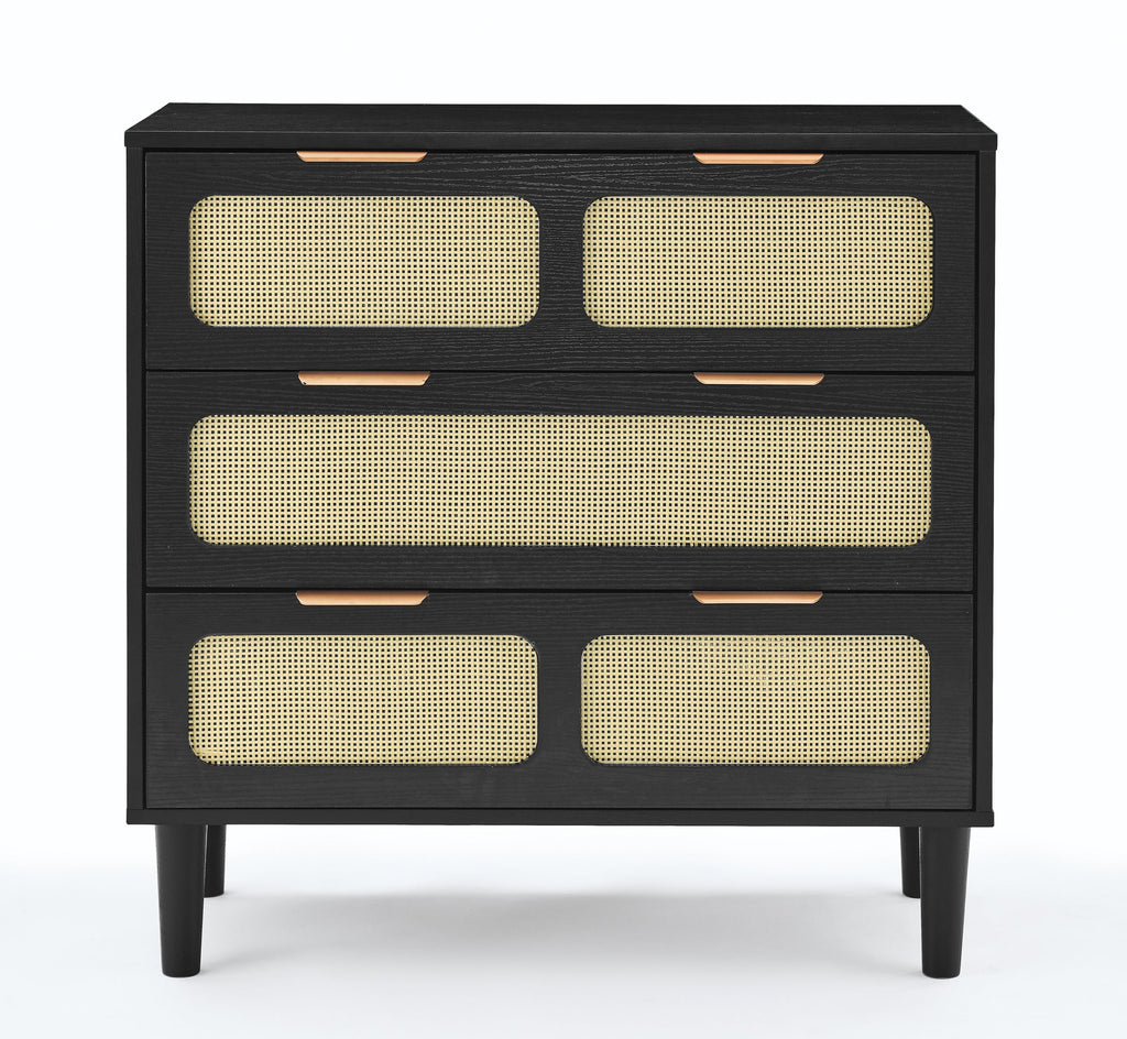 3 drawer dresser, modern rattan dresser cabinet with wide drawers and metal handles, farmhouse wooden storage chest of drawers for room, living room, hallway, entrance, office