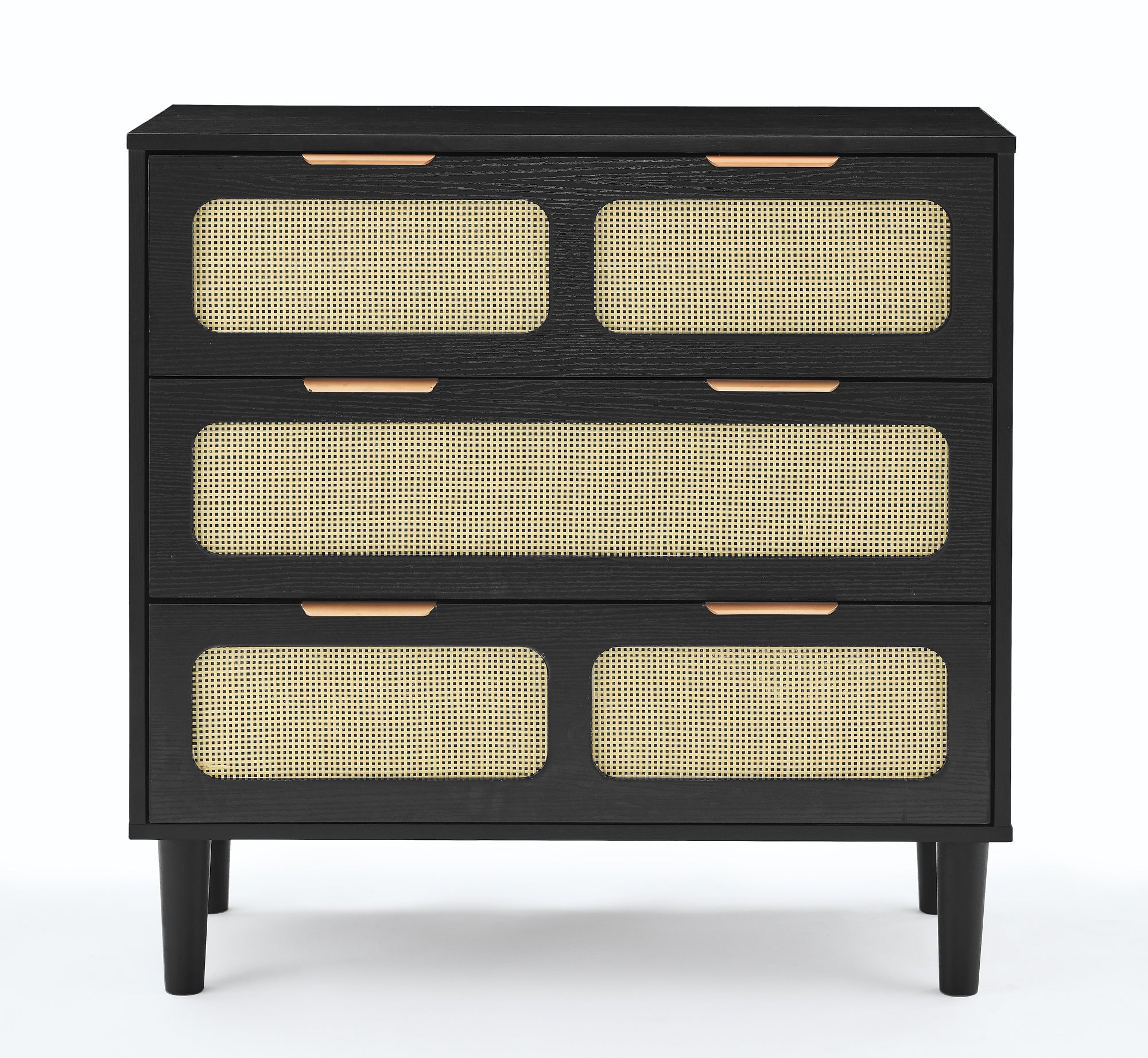 3 drawer dresser, modern rattan dresser cabinet with wide drawers and metal handles, farmhouse wooden storage chest of drawers for room, living room, hallway, entrance, office