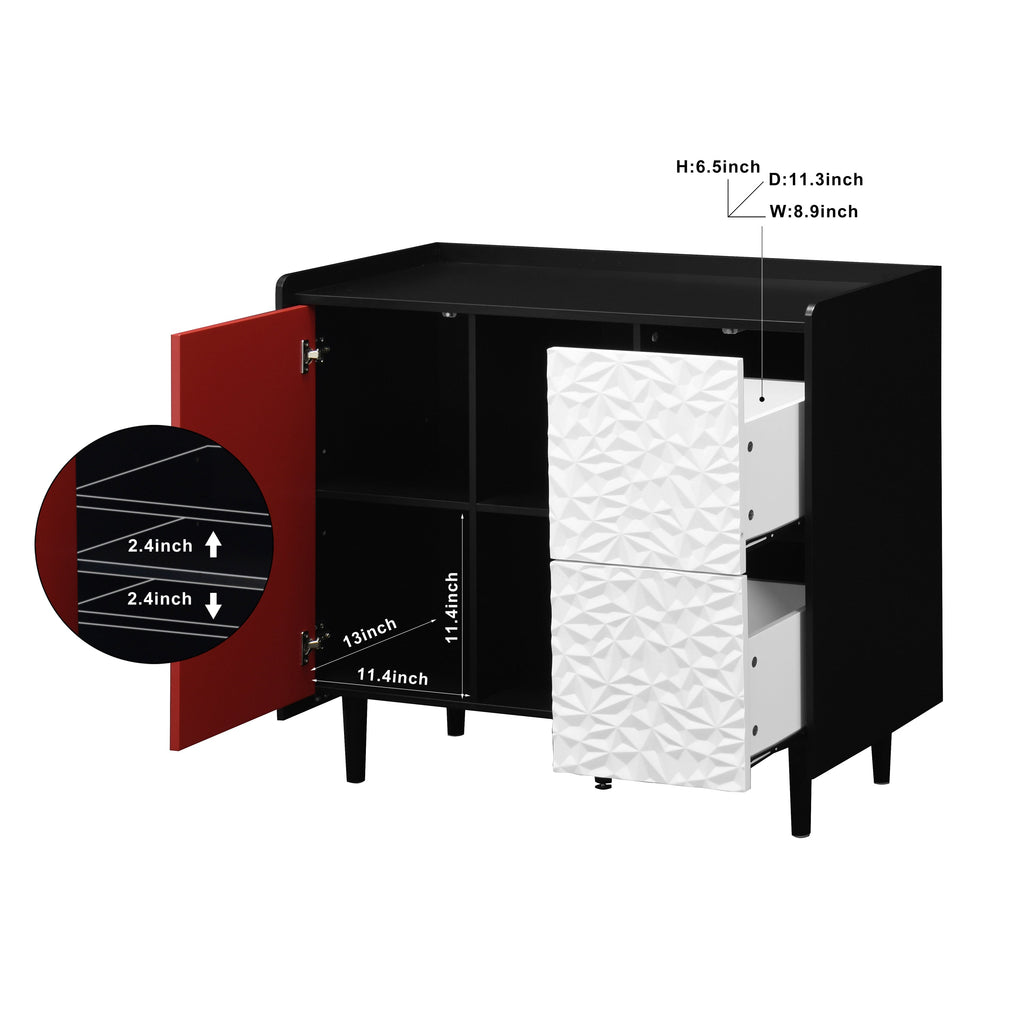 Sideboard Buffet Cabinet, Black Storage Cabinet with Red Doors , 2 Drawers with unique panel styling and 2 Open Storage Compartment, Modern Coffee Bar Cabinet Accent Cabinet for Kitchen, Dining Room,