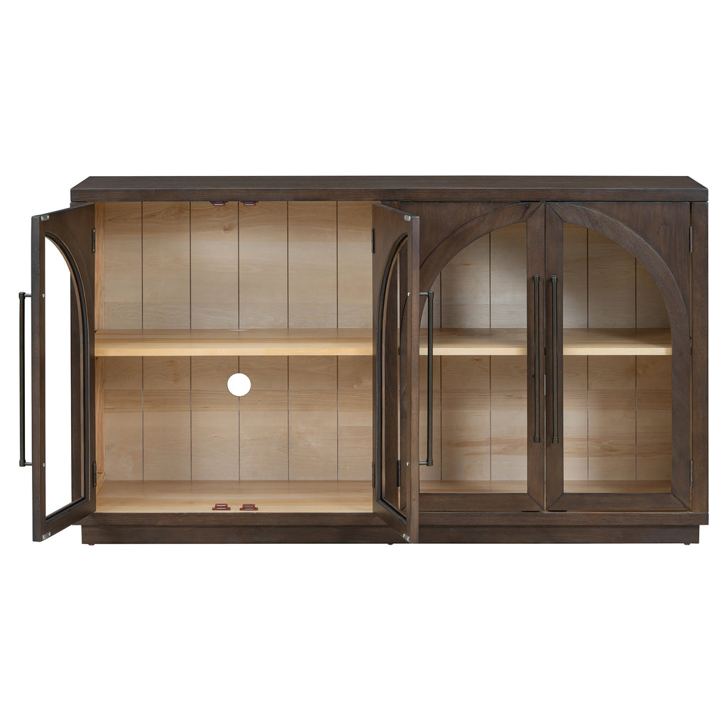 TREXM 4-Door Large Storage Sideboard Buffet Cabinet with Glass Doors, Arched Cabinet with Adjustable Shelves for Kitchen, Dining Room and Living Room (Espresso)