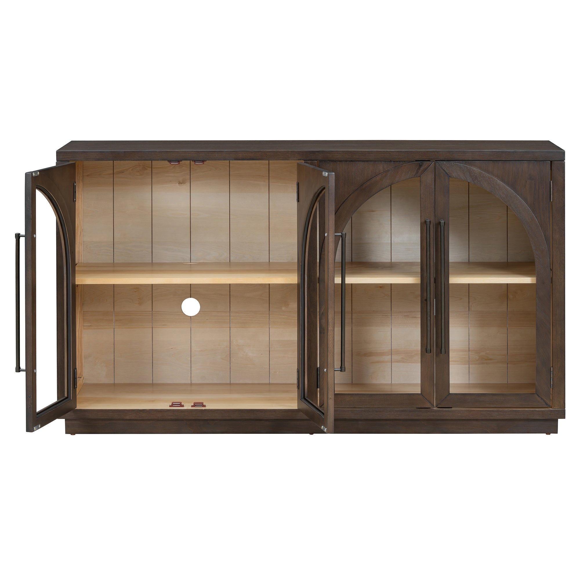 TREXM 4-Door Large Storage Sideboard Buffet Cabinet with Glass Doors, Arched Cabinet with Adjustable Shelves for Kitchen, Dining Room and Living Room (Espresso)