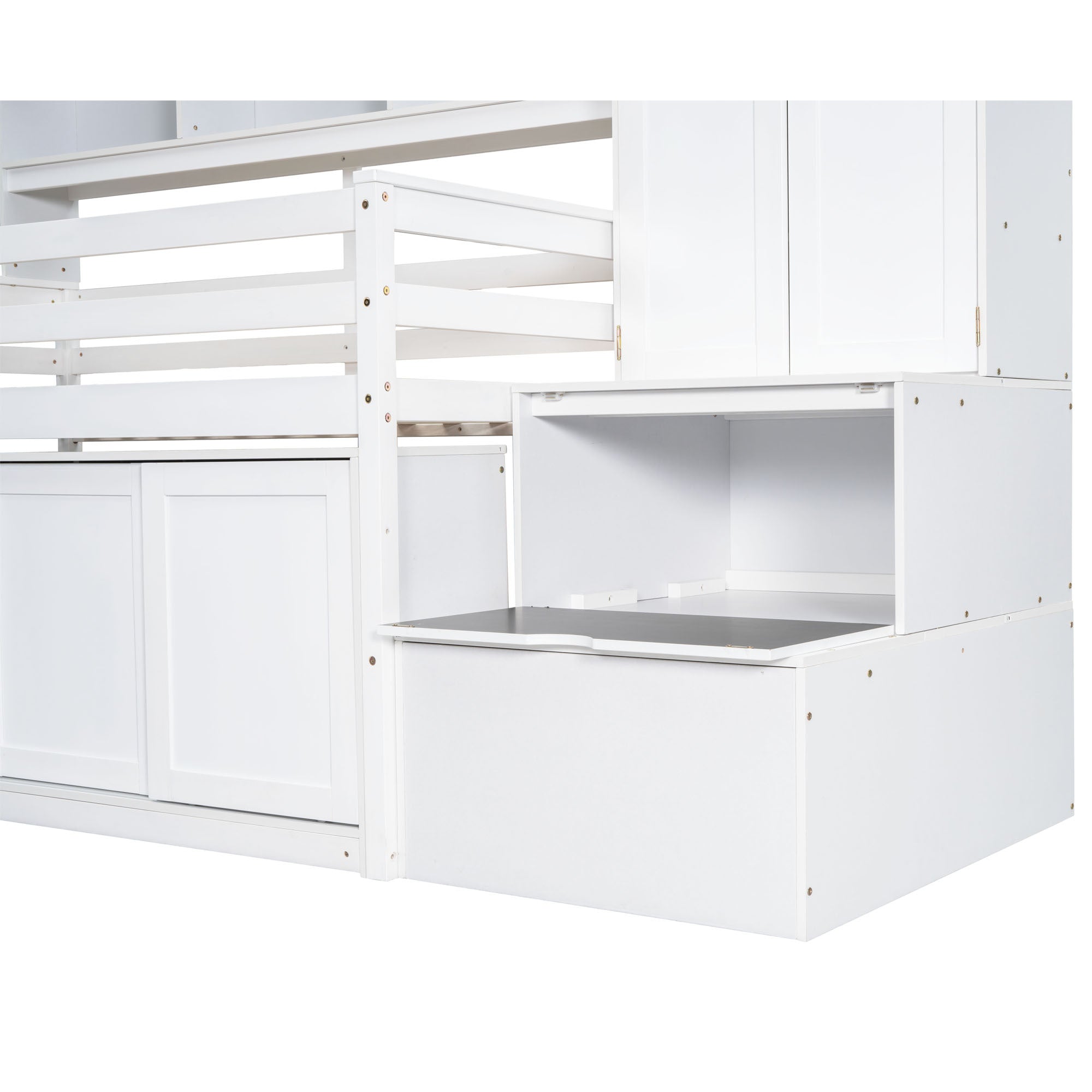 Twin Size Wooden Loft Bed Big Storage with Under-bed Desk, with Drawers, with Shelves, White