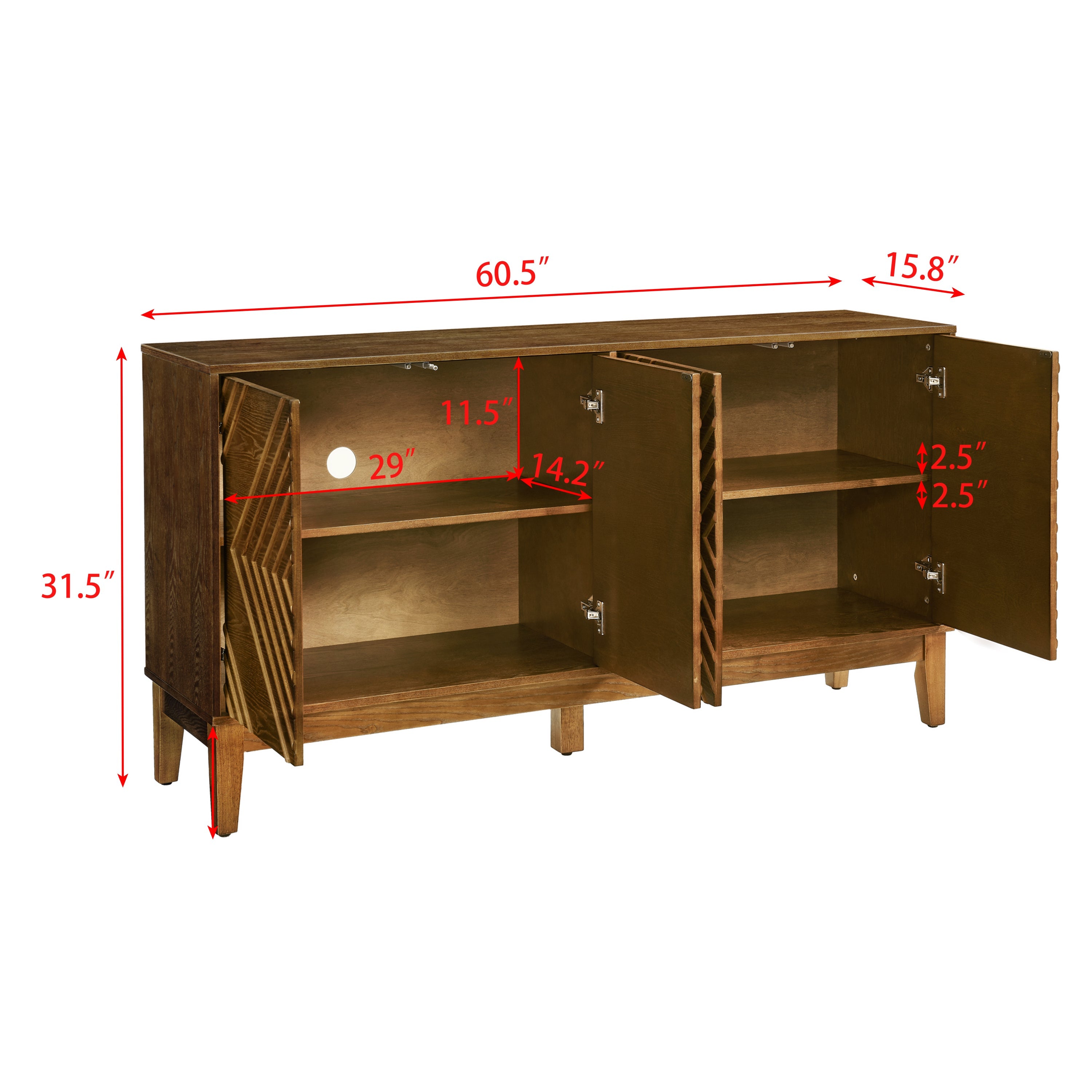 60.5'' Buffet Cabinet with Storage, Farmhouse Fluted Sideboard with Geometric Pattern & Adjustable Shelves, Mid Century Modern TV Stand for Living Room Kitchen Dining Room Entryway, Walnut