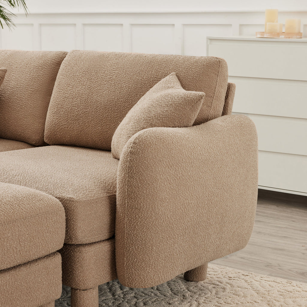 Boucle Fabric U Shape Sectional 4-seater Sofa Couch With Distinctive Shell-shaped Armrests And 2 Movable Ottomans,Cylindrical Legs Wrapped with Self-fabric,Coffee Color