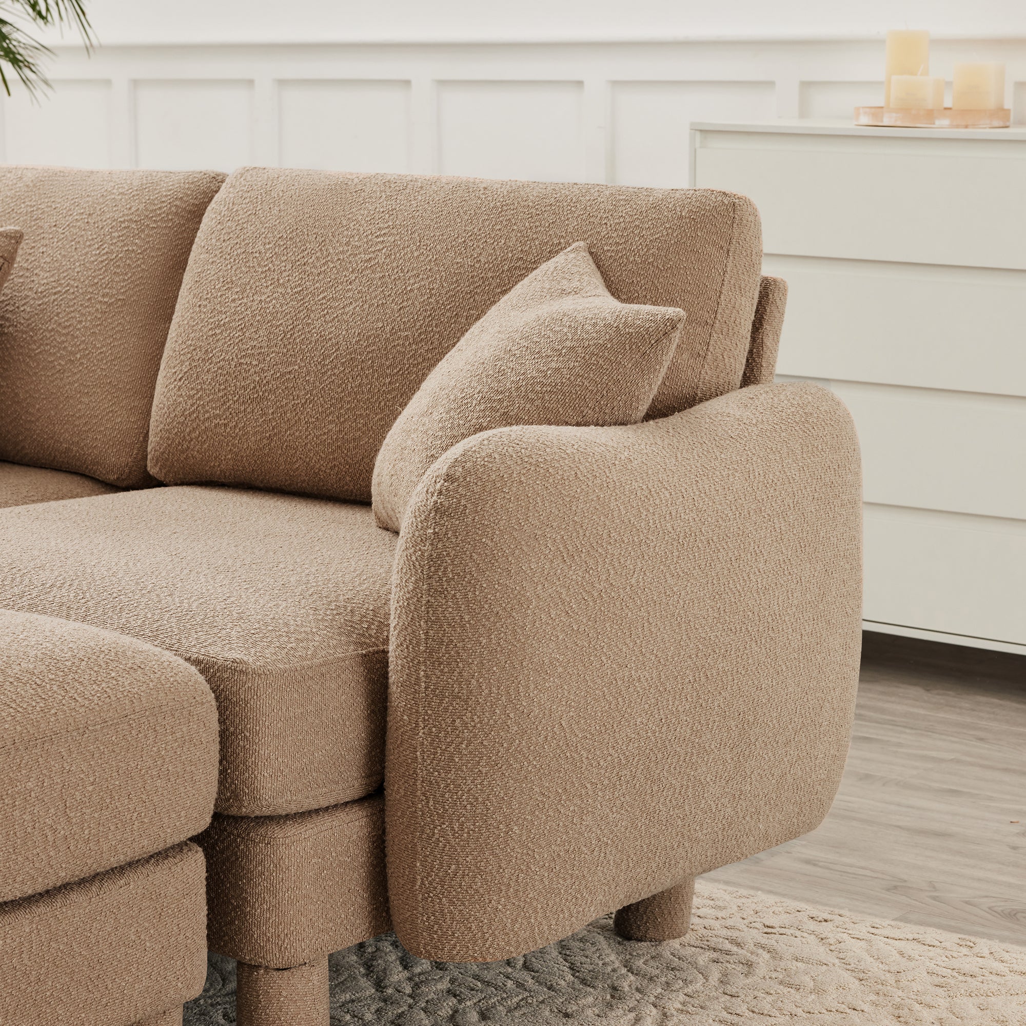 Boucle Fabric U Shape Sectional 4-seater Sofa Couch With Distinctive Shell-shaped Armrests And 2 Movable Ottomans,Cylindrical Legs Wrapped with Self-fabric,Coffee Color