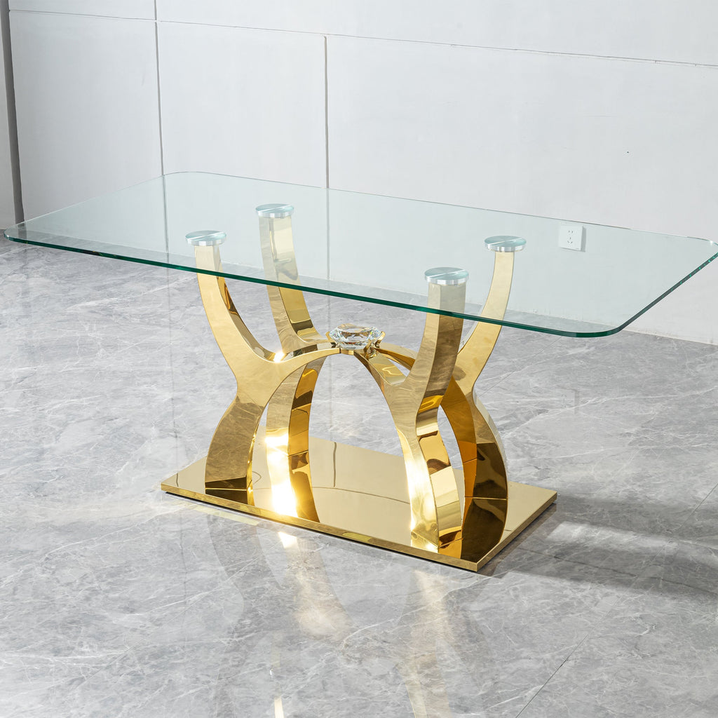 70.08 in. Tempered Clear Glass Rectangular Dining Table with Gold Stainless Steel Base, 0.47 in. Thickness