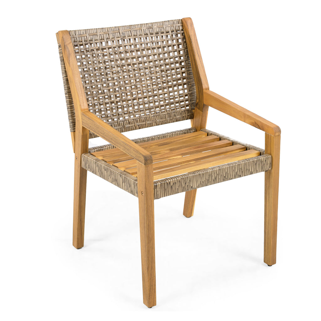 Outdoor Dining Set – Premium Acacia Wood Della Table & Wicker Chairs with Cream Cushion for Comfortable Dining Experience,Suitable for large gatherings(1 Table + 6 Chairs)