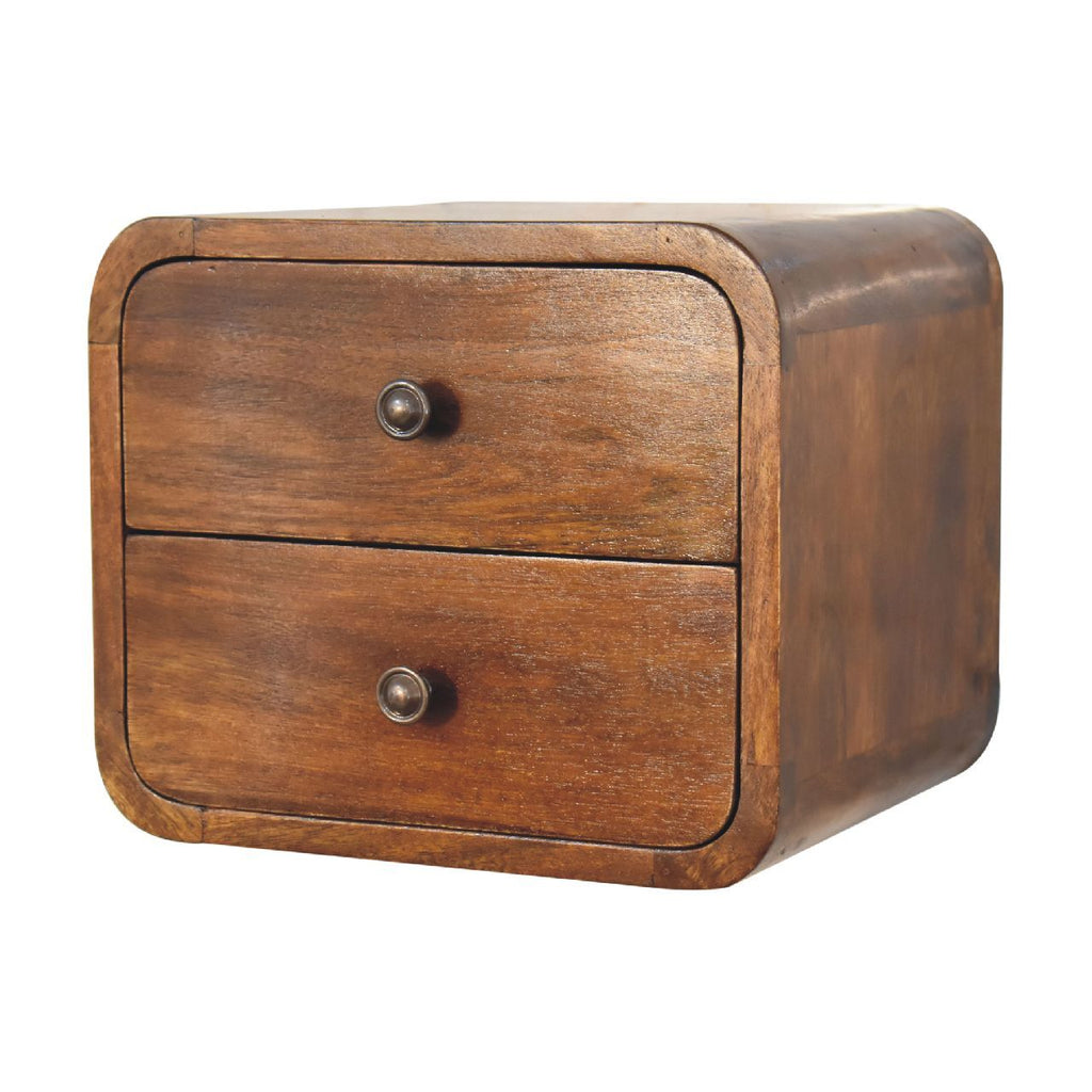 Solid Wood Floating Mini Chestnut nightstand, 2-Drawers, Shiny Knobs