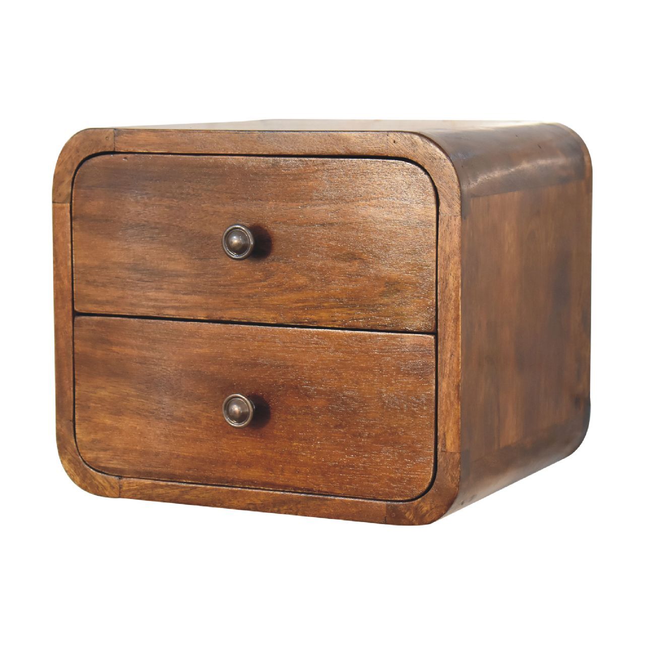 Solid Wood Floating Mini Chestnut nightstand, 2-Drawers, Shiny Knobs