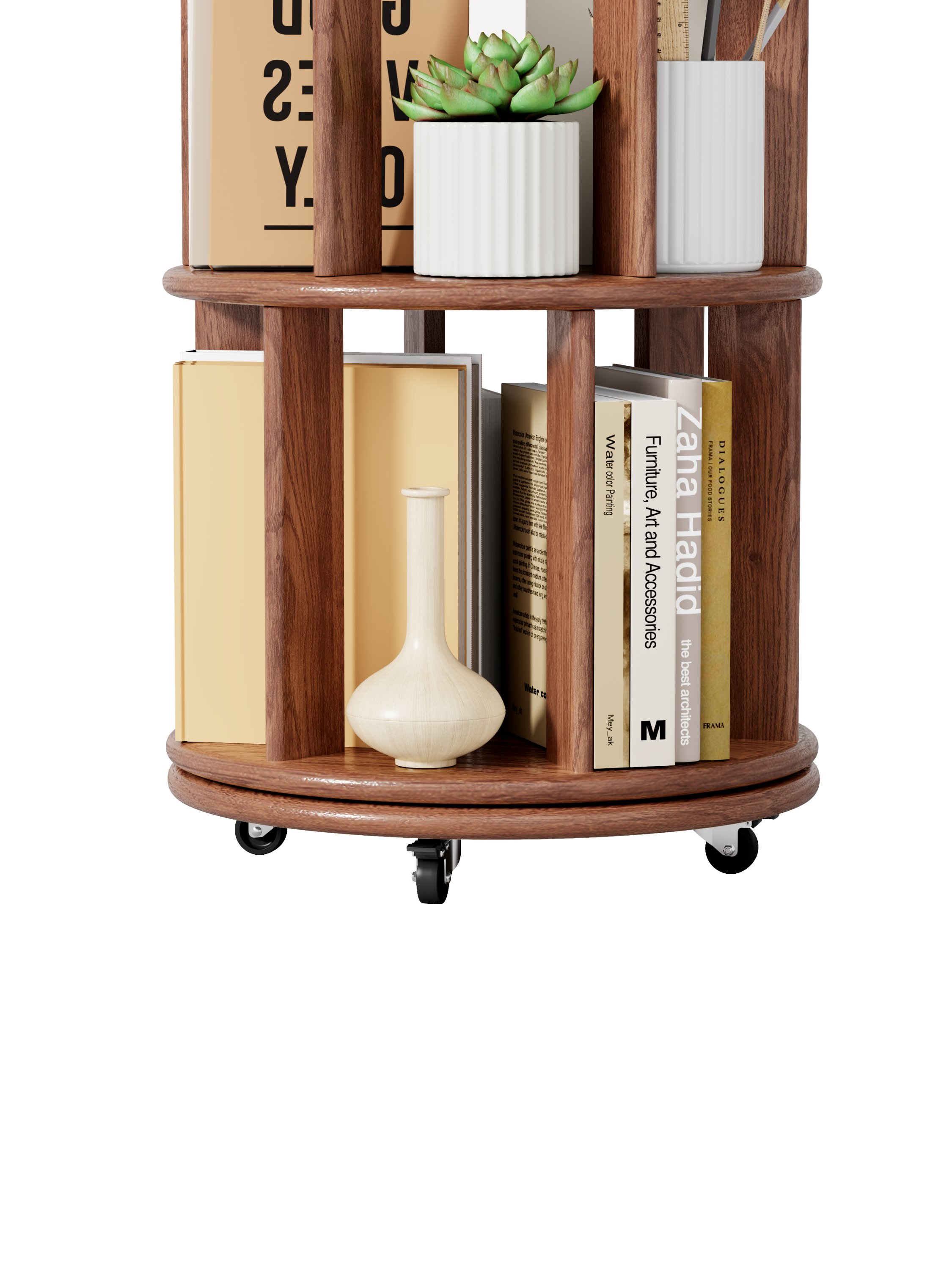 100%Solid Wood Rotating Bookshelf on Wheels,5 Tier, Round Revolving Bookcase, 360° Spinning Book Shelf Tower for Kids, Narrow Rolling Bookshelves for Small Space, Corner, Bedroom, Office, Walnut