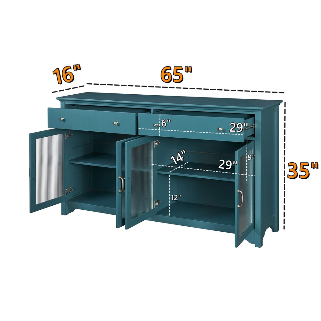 65' TV Console, Storage Buffet Cabinet, Sideboard with Glass Door and Adjustable Shelves, Console Table, Teal Blue