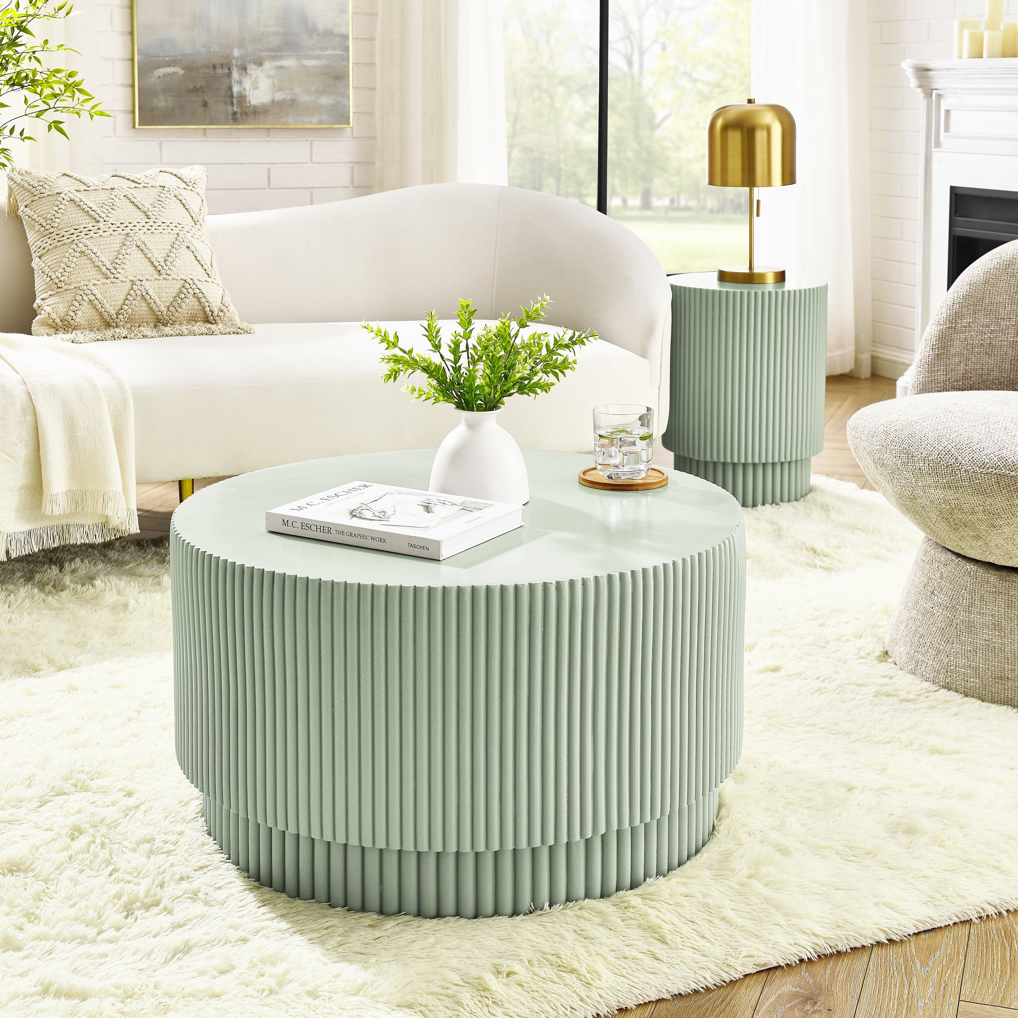 15.72-inch H-barrel coffee table, Nordic style, simple design, suitable for indoor and outdoor use, magnesium oxide material, suitable for living room, bedroom or garden sofa