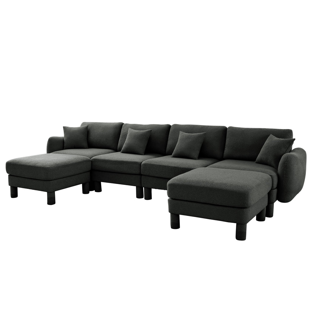 Boucle Fabric U Shape Sectional 4-seater Sofa Couch With Distinctive Shell-shaped Armrests And 2 Movable Ottomans,Cylindrical Legs Wrapped with Self-fabric,Dark Grey  Color
