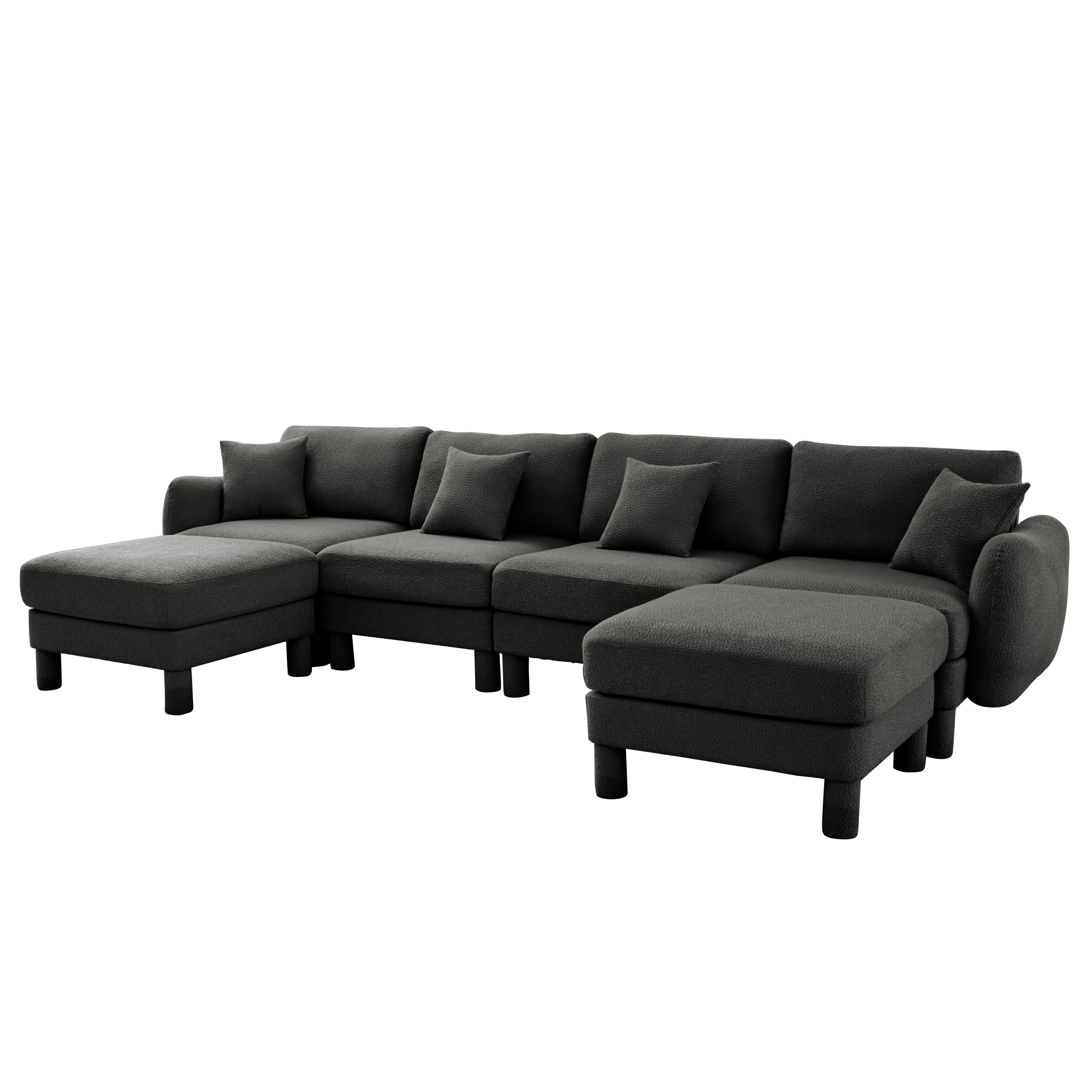 Boucle Fabric U Shape Sectional 4-seater Sofa Couch With Distinctive Shell-shaped Armrests And 2 Movable Ottomans,Cylindrical Legs Wrapped with Self-fabric,Dark Grey  Color