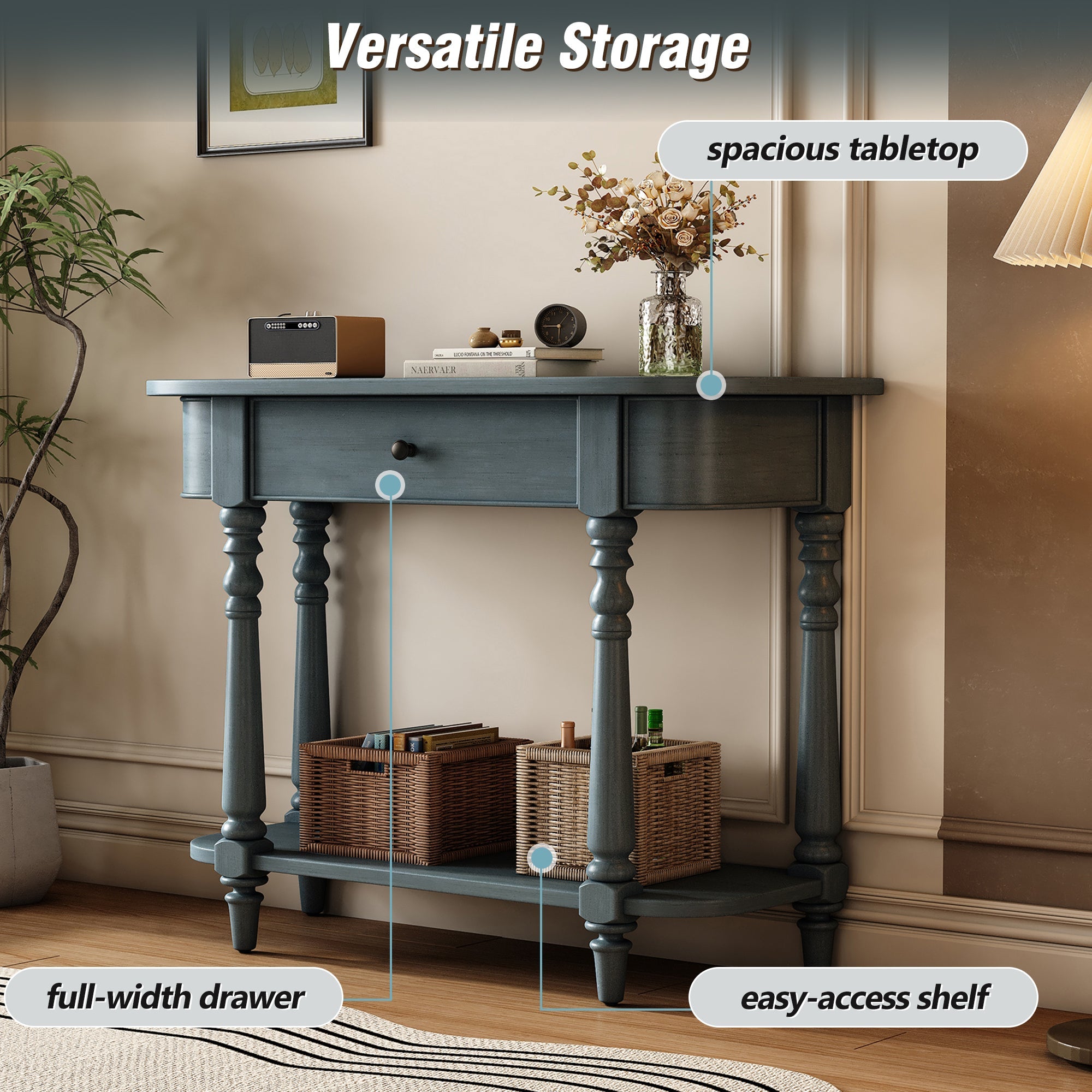 TREXM Narrow Console Table with Curved Corner, Retro Entryway Table with Top Drawer and Open Shelf, Sofa Table Console Tables for Entryway, Hallway and Living Room (Navy)