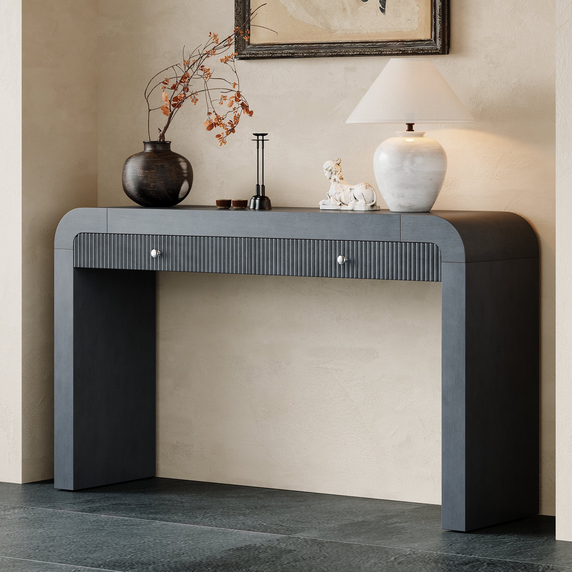 TREXM Rustic Console Table with Fluted Drawer Front, Entryway Table with Curved Corners & Thick Legs, Sturdy Sofa Table for Hallway & Living Room (Dark Navy)