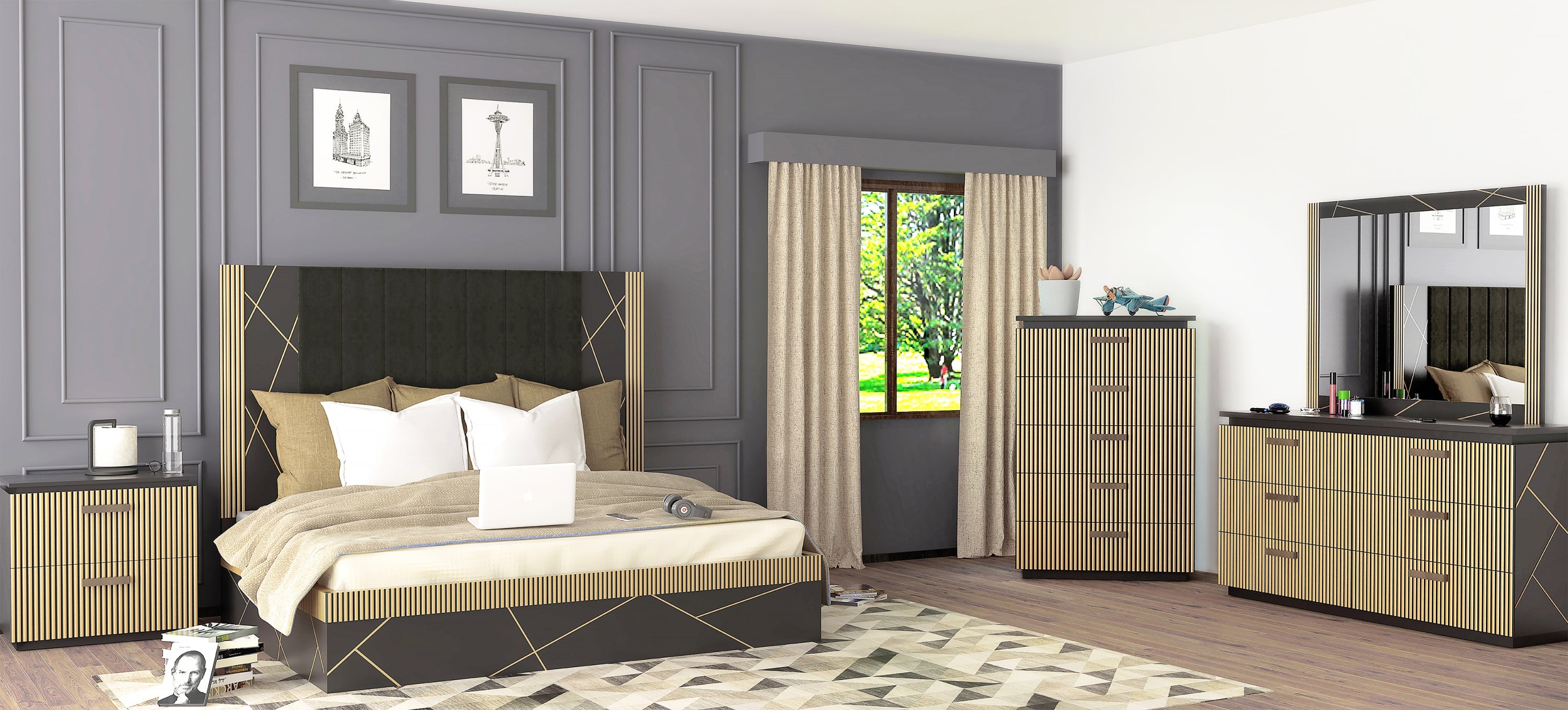 Modern Style 2-Drawer Nightstand Made With Mango Wood and Finished with Brass Metal